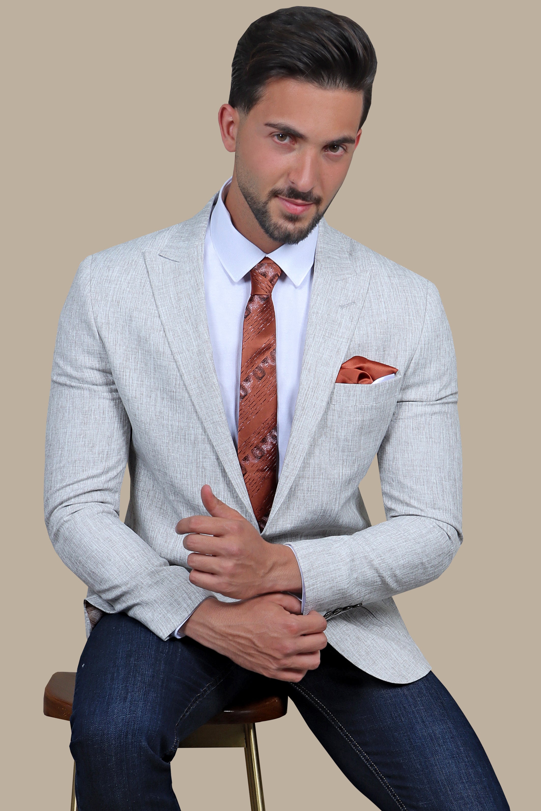 Brown Peak Sophistication: White Fil a Fil Blazer