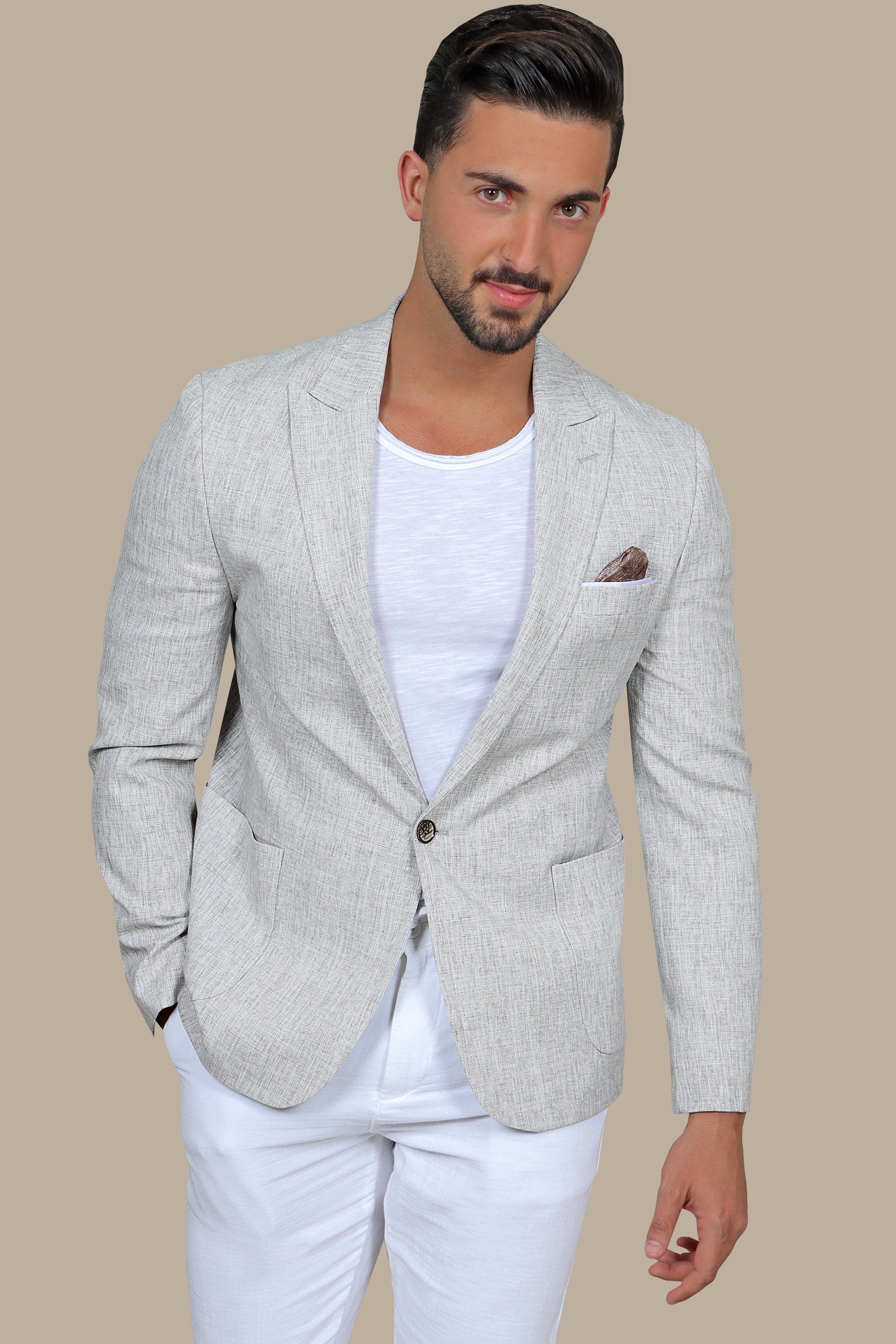 Brown Peak Sophistication: White Fil a Fil Blazer