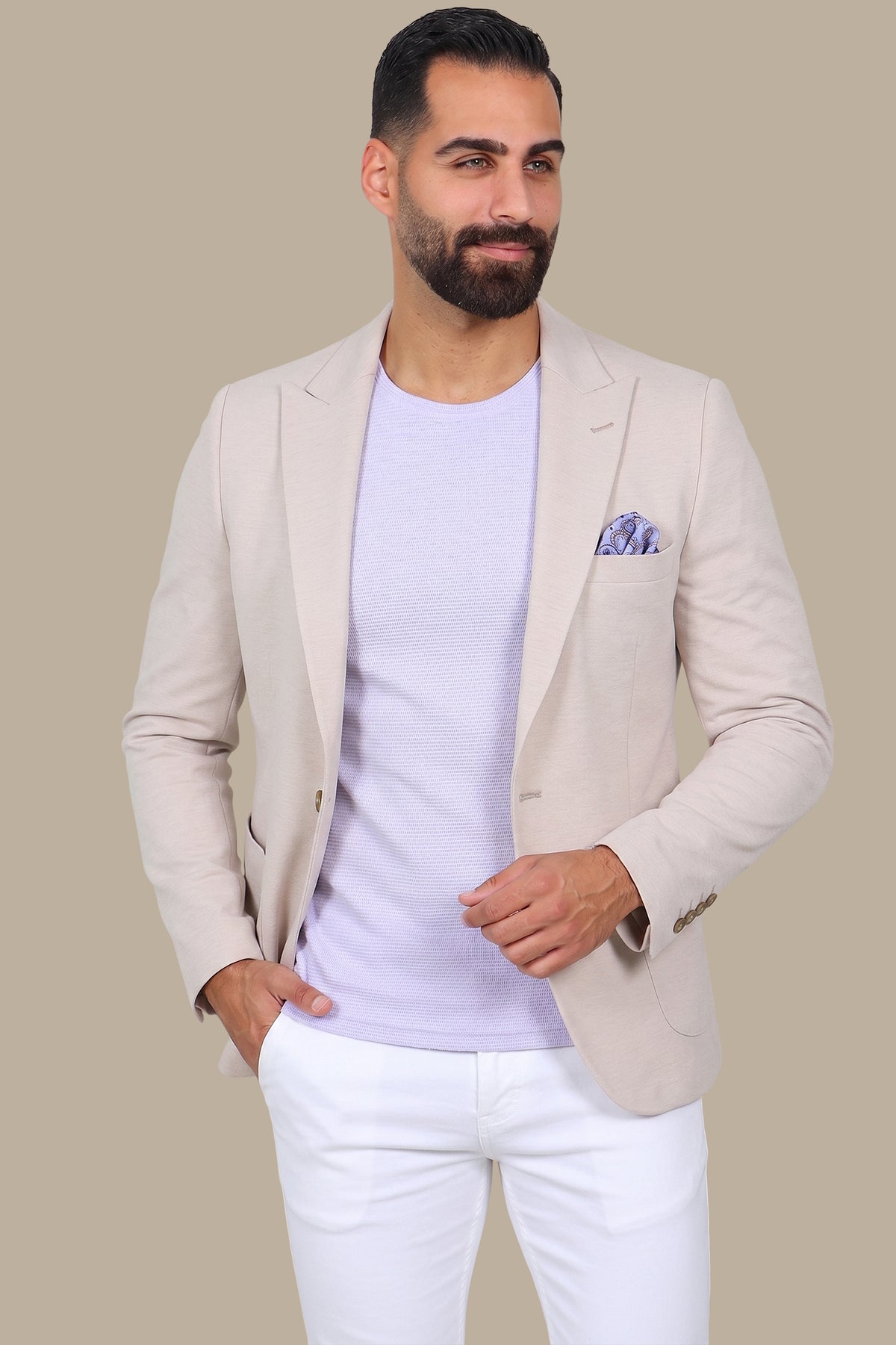Desert Sands: The Beige Stretch Peak Blazer with Patch Pockets