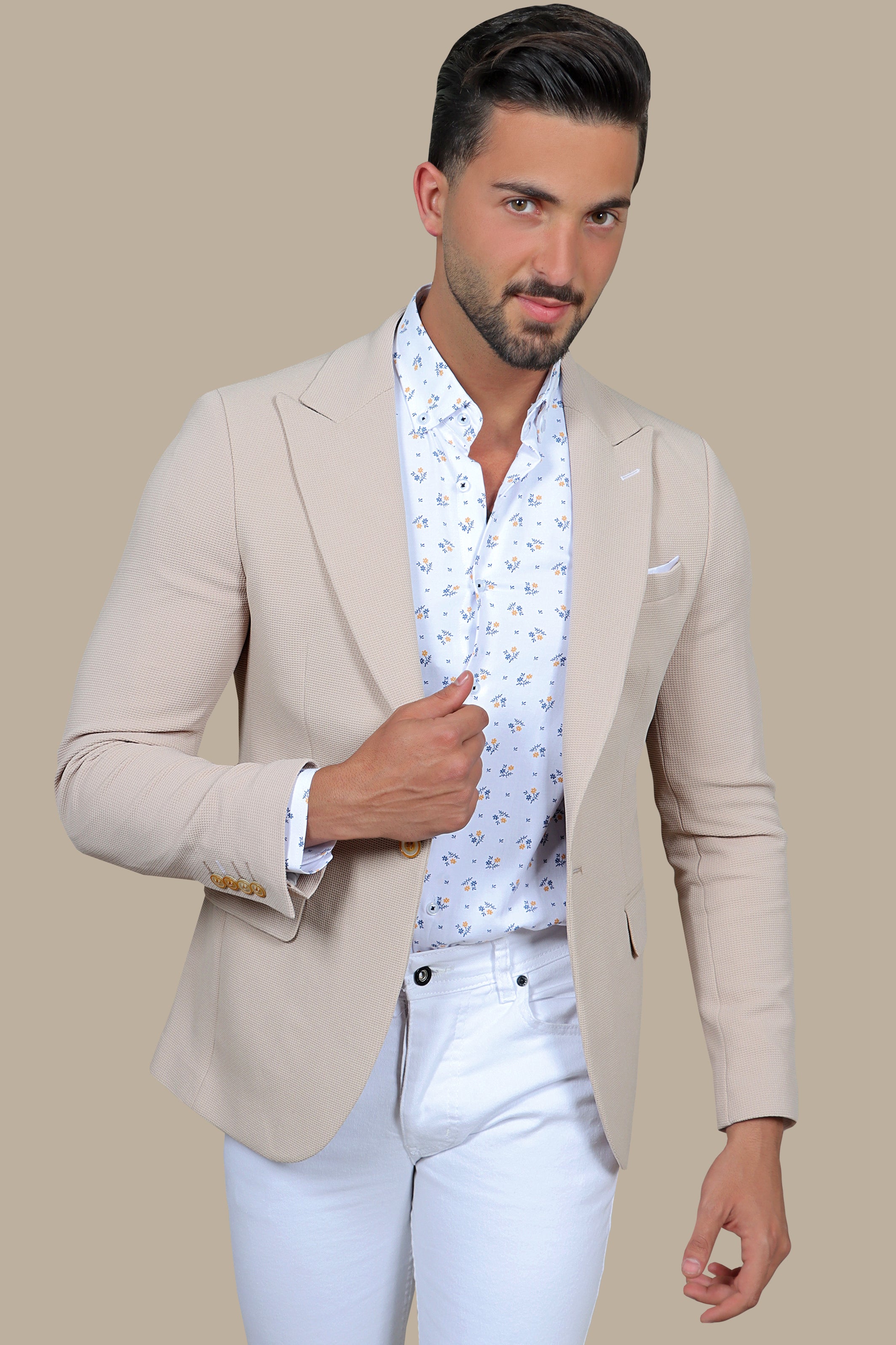 Desert Sands: The Beige Stretch Peak Blazer with Patch Pockets