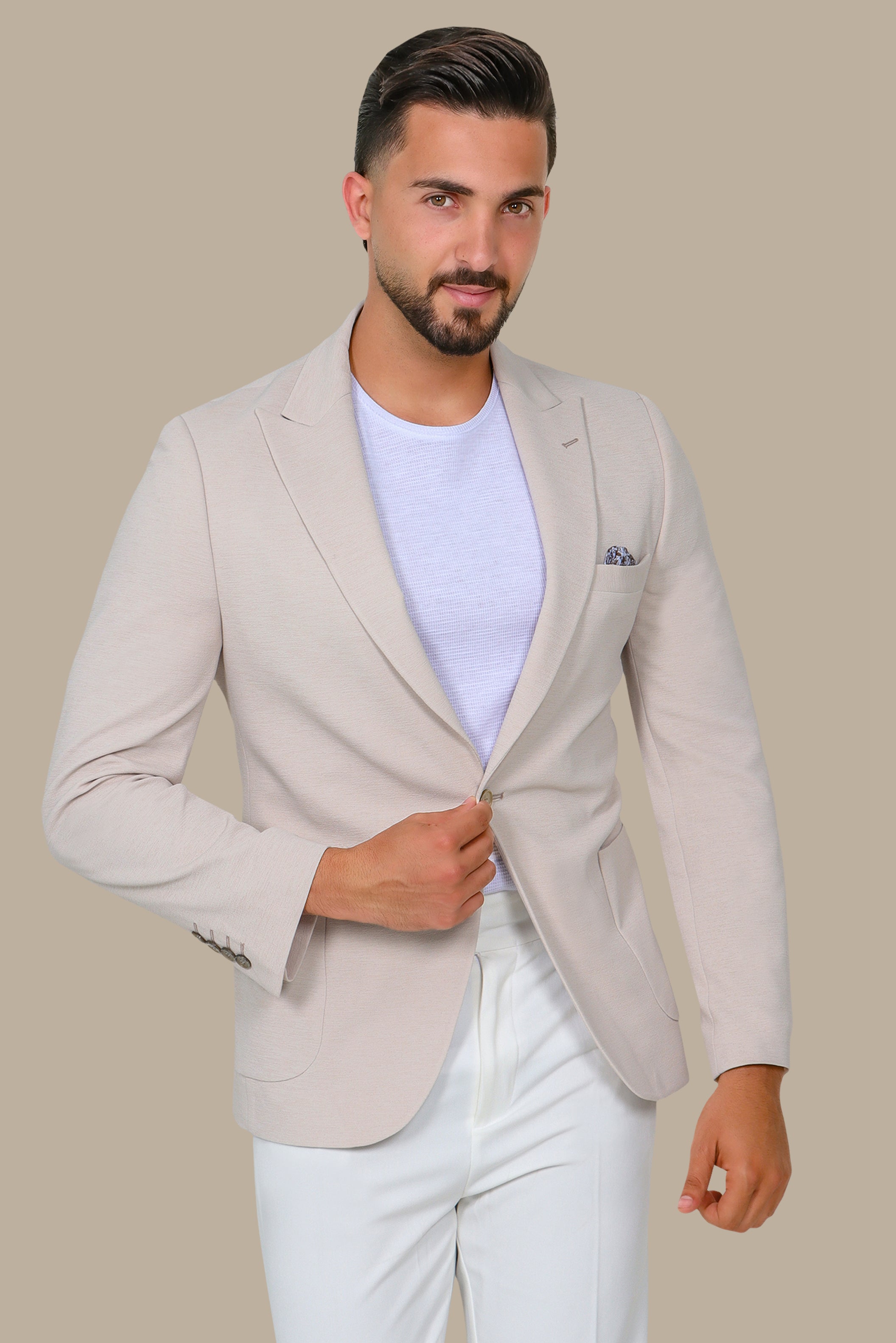 Desert Sands: The Beige Stretch Peak Blazer with Patch Pockets