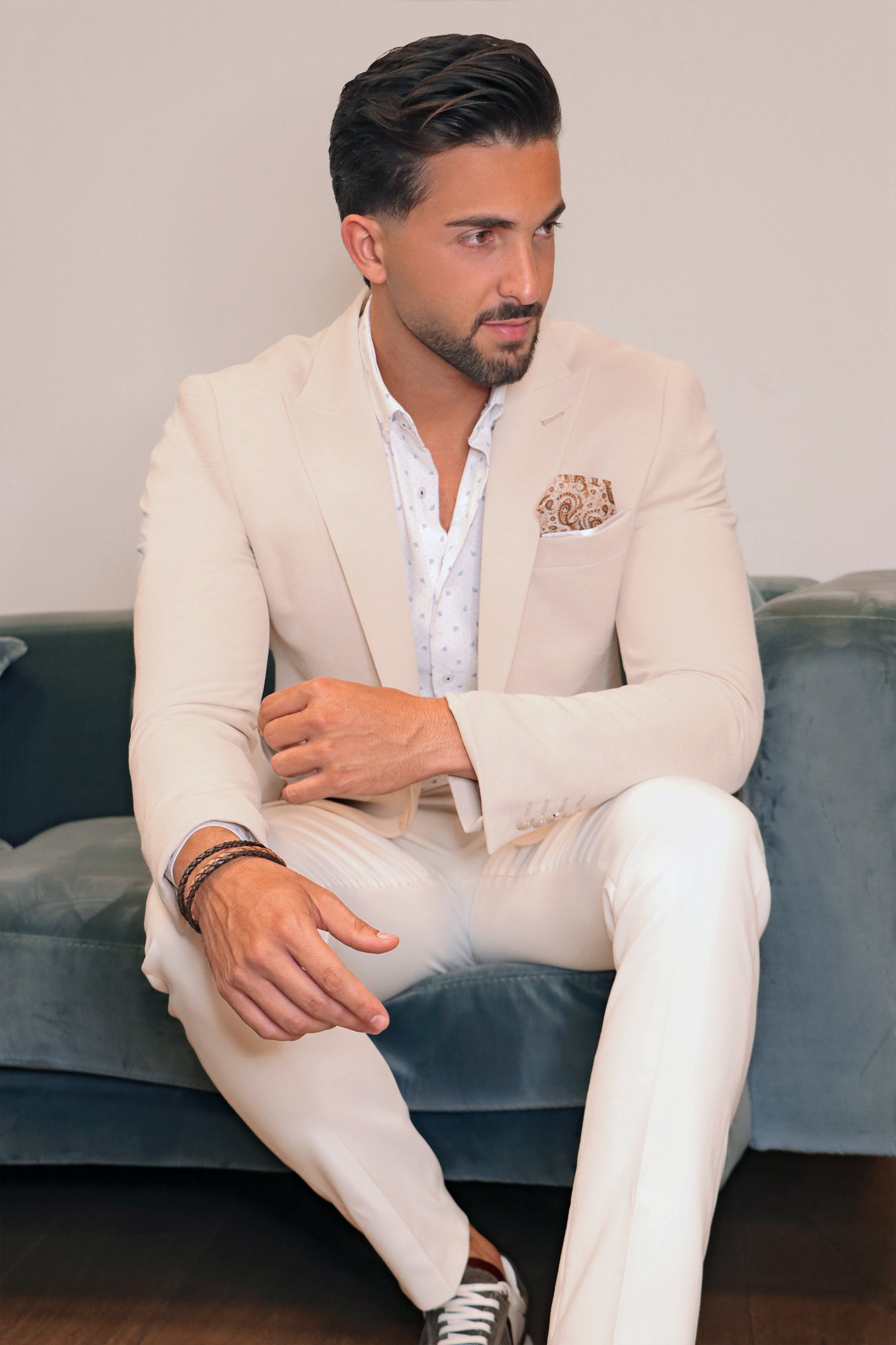 Desert Sands: The Beige Stretch Peak Blazer with Patch Pockets