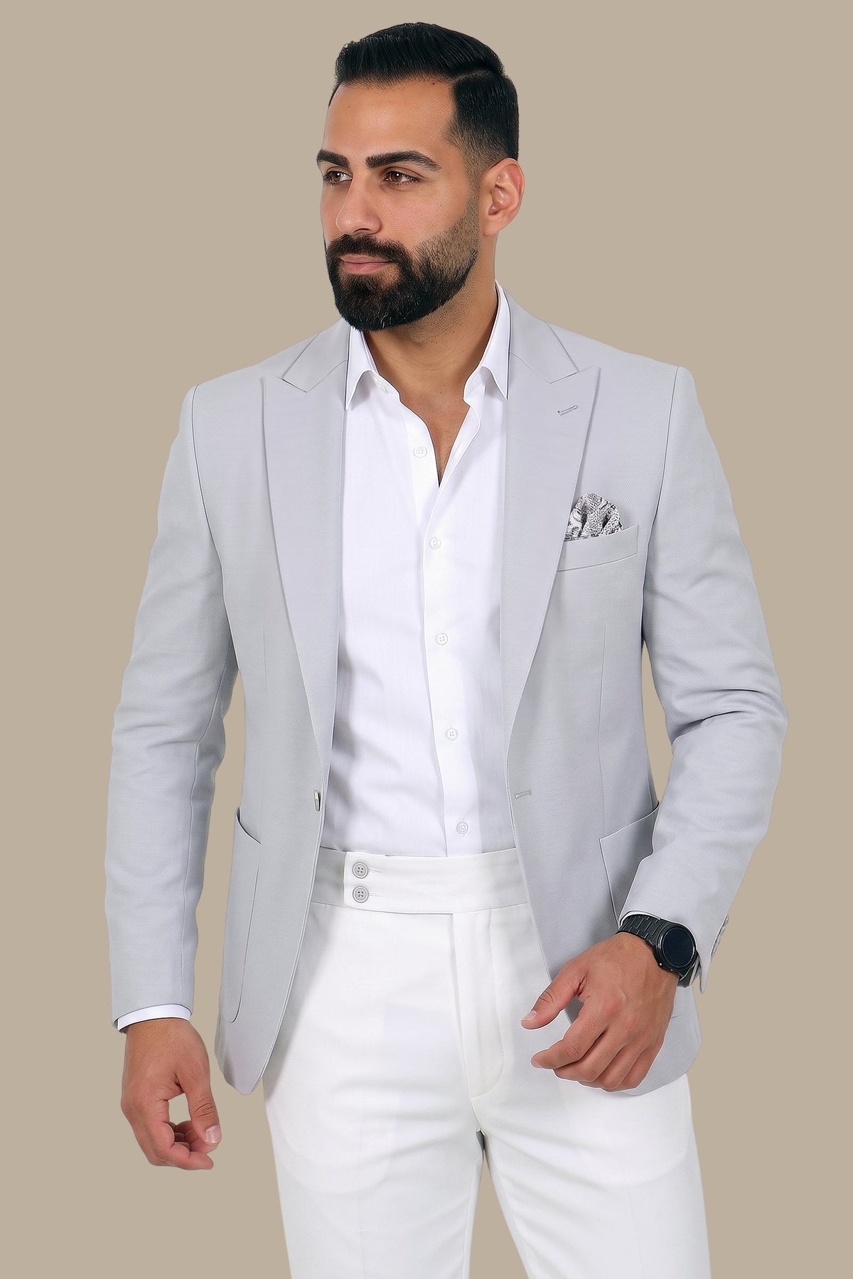 Light Grey Blazer with Peak Lapel Patch Pockets