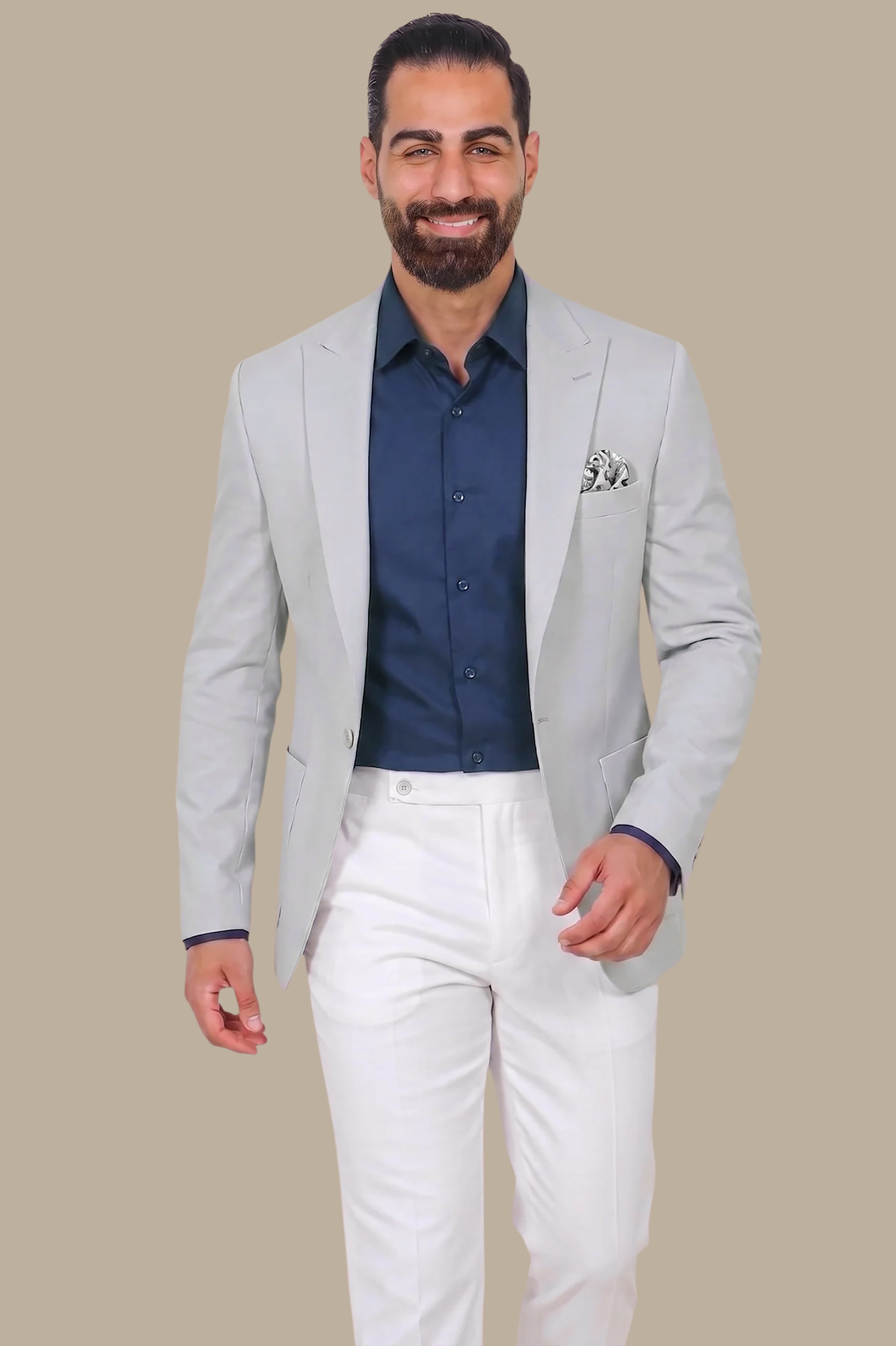 Light Grey Blazer with Peak Lapel Patch Pockets