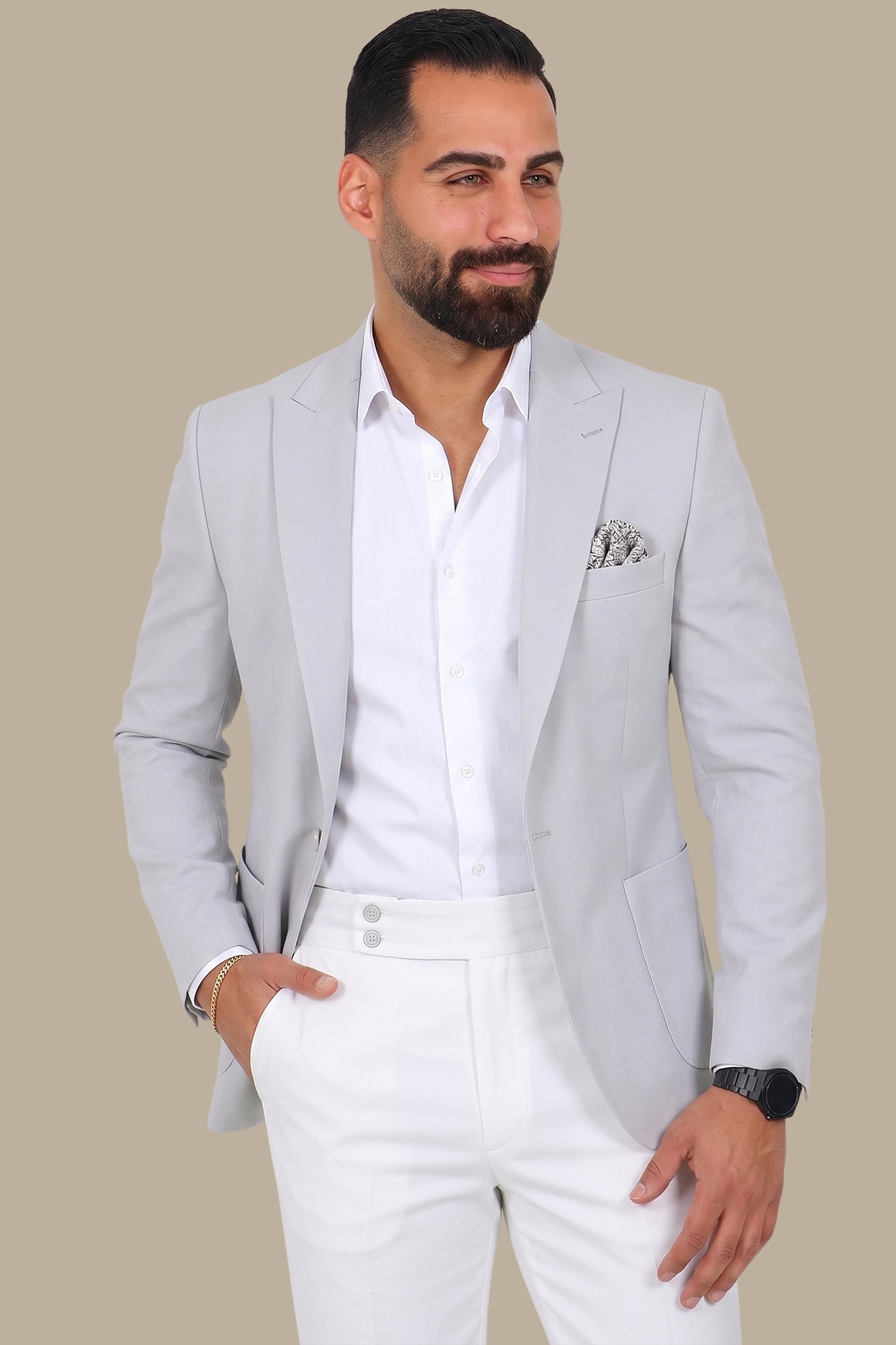 Light Grey Blazer with Peak Lapel Patch Pockets