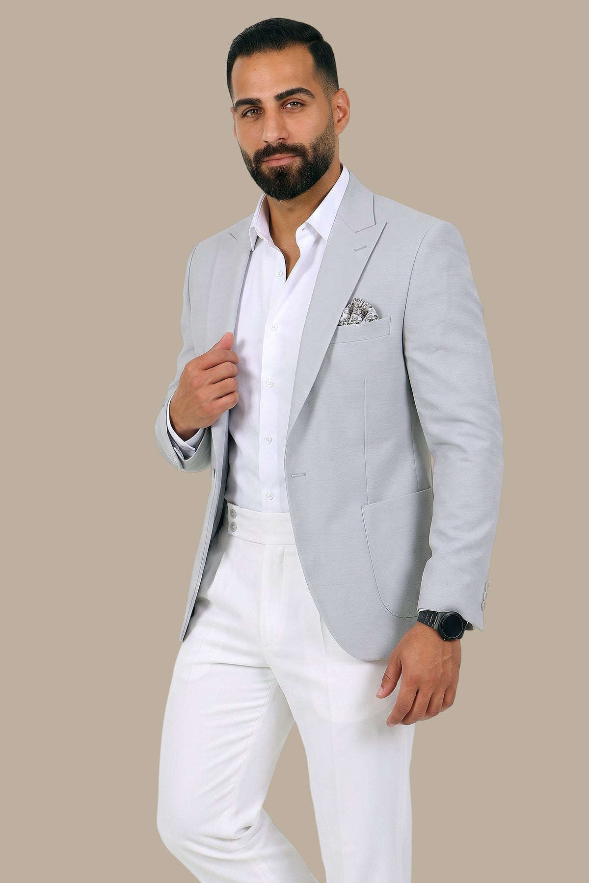 Light Grey Blazer with Peak Lapel Patch Pockets