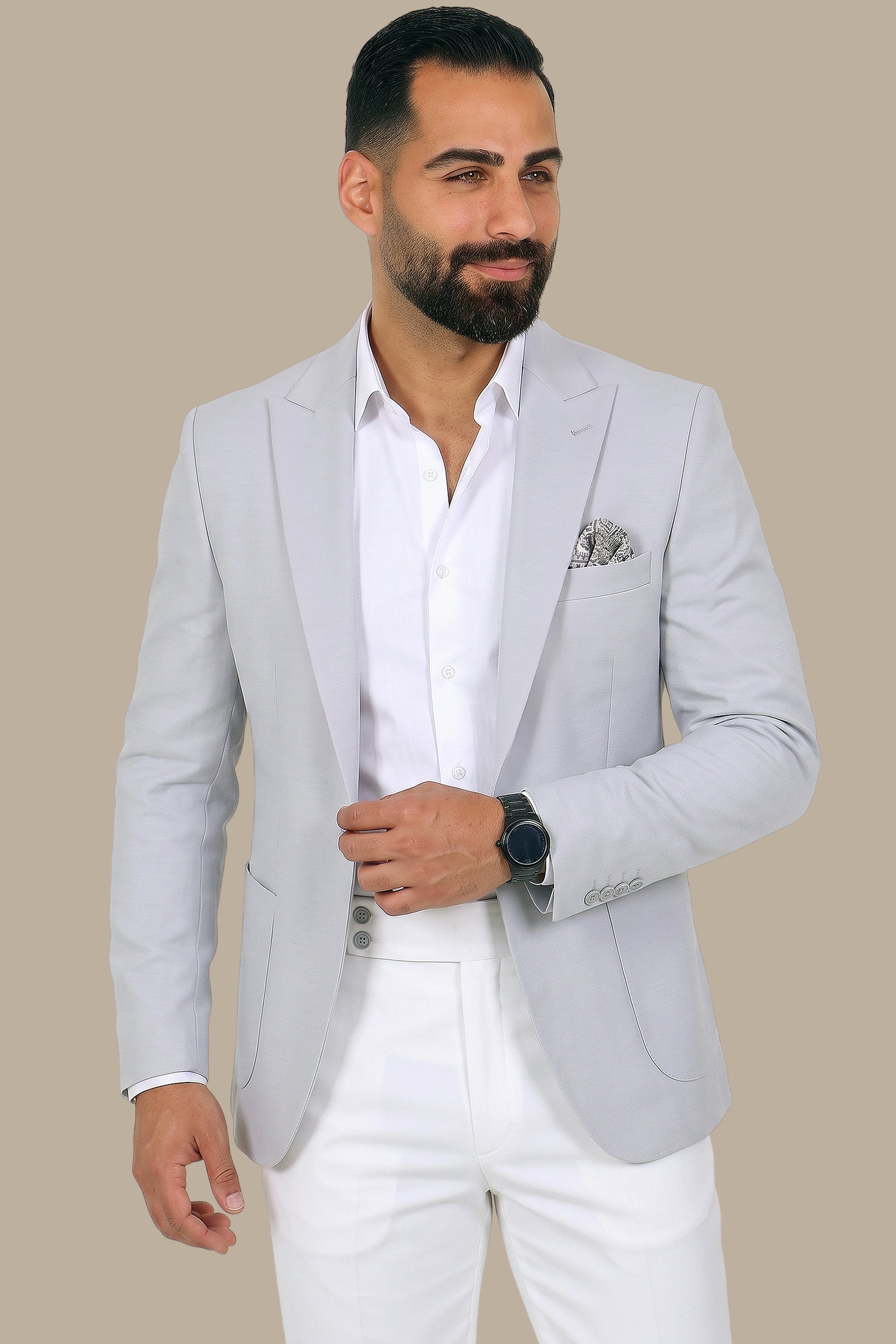 Light Grey Blazer with Peak Lapel Patch Pockets
