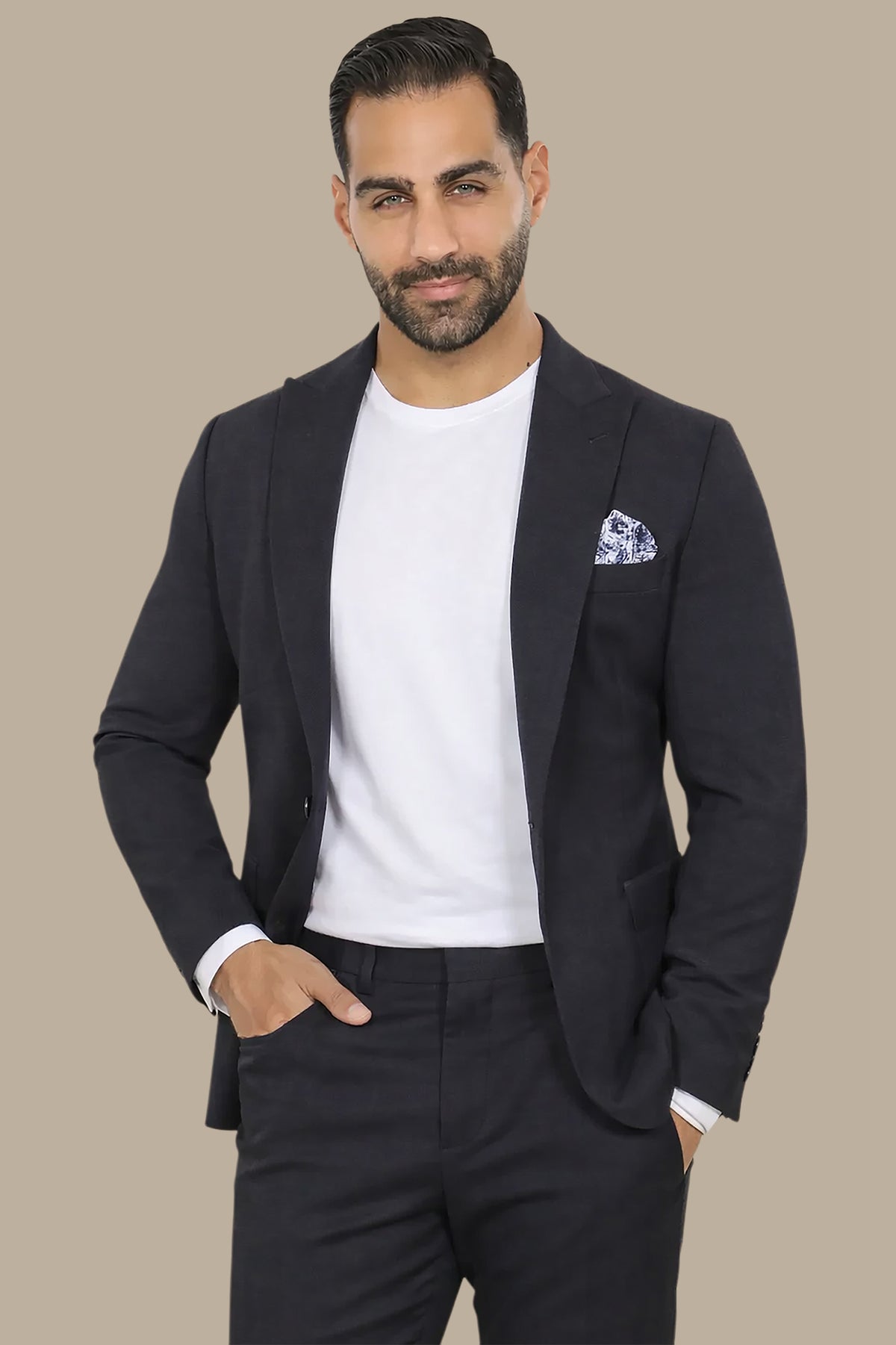 Black Stretch Blazer with Patch Pockets and Peak Lapel