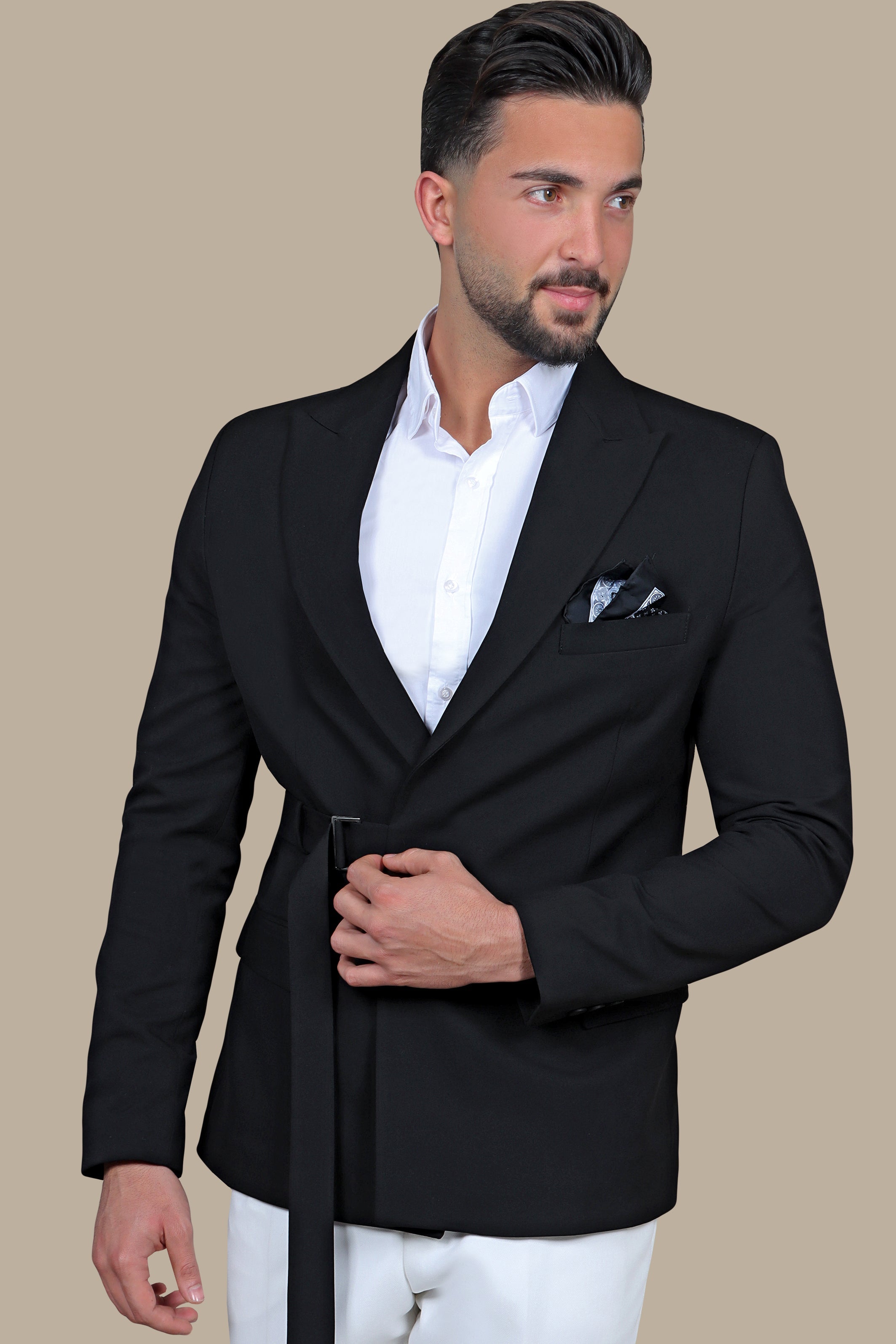 Urban Edge: Black Blazer with Side Belt Detail