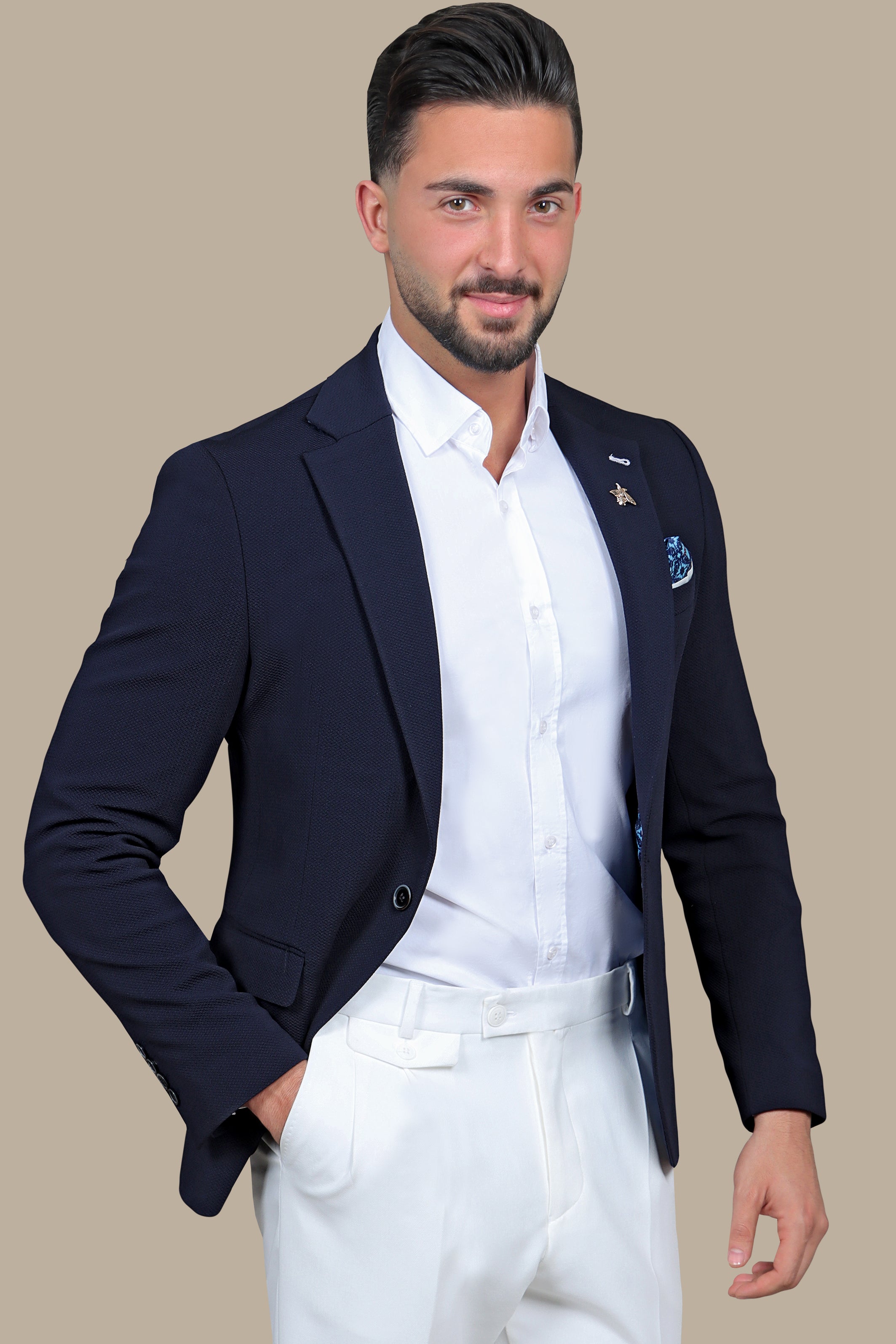 Nautical Elegance: Navy Blazer with Structured Notch Lapel