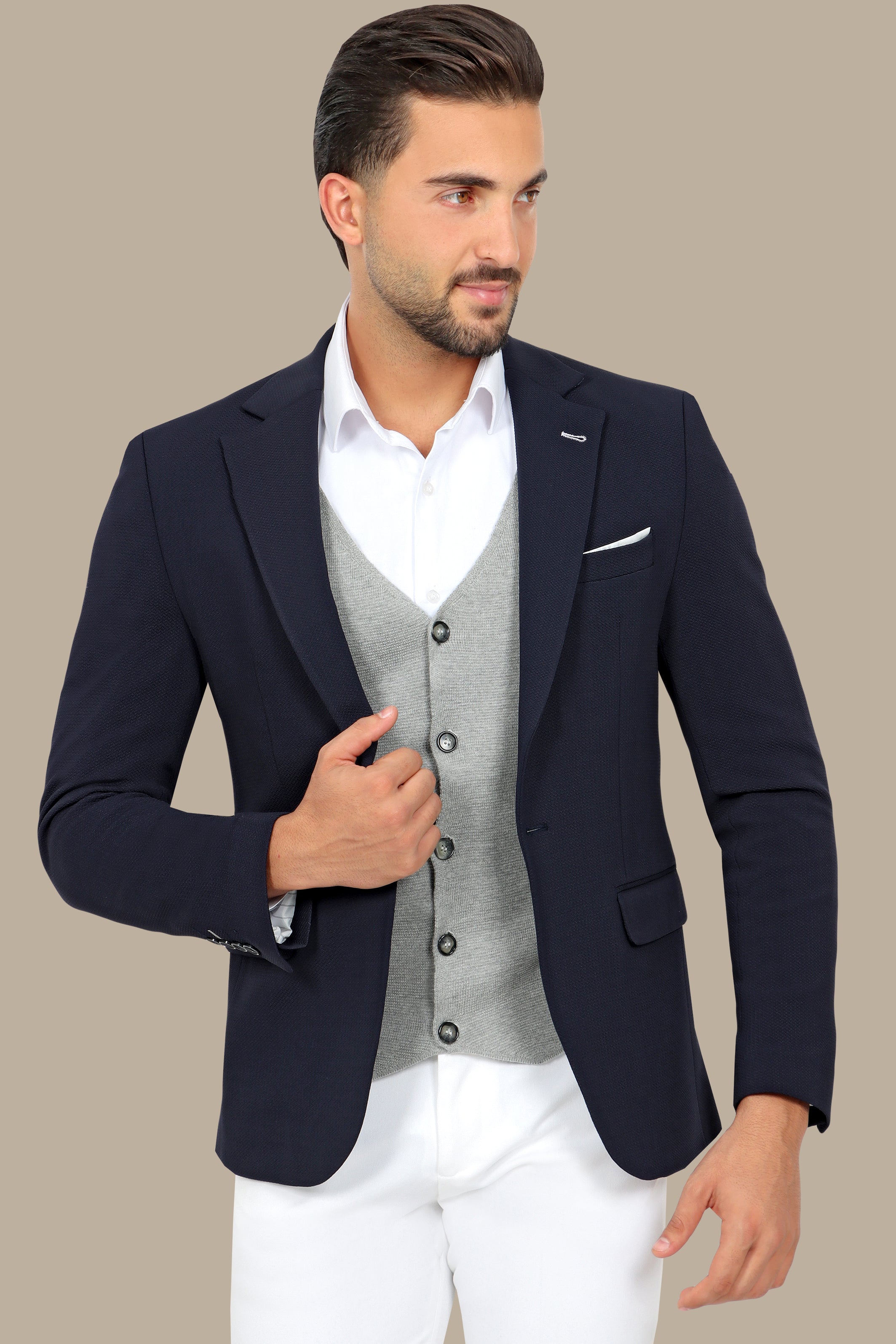 Nautical Elegance: Navy Blazer with Structured Notch Lapel