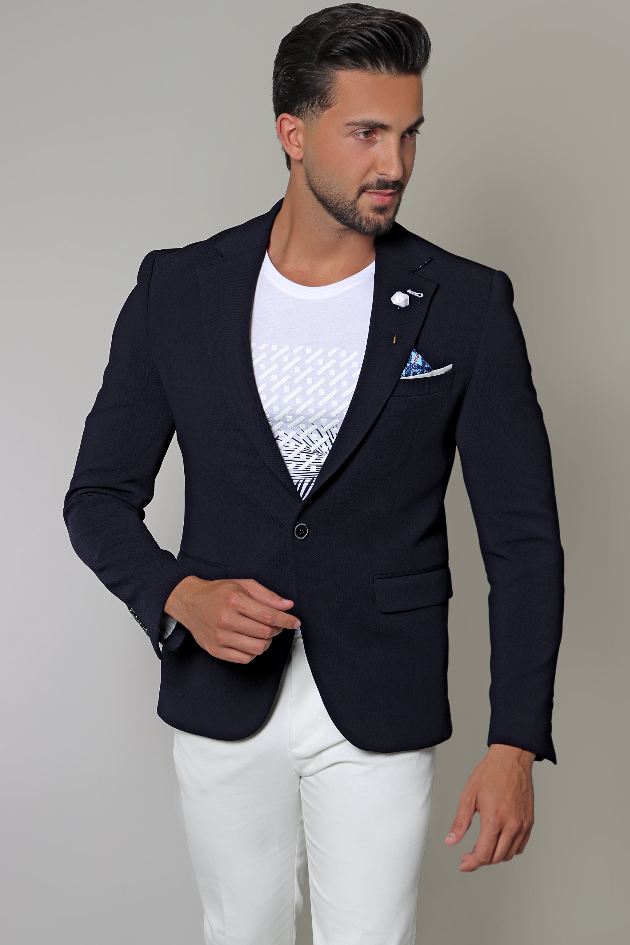 Nautical Elegance: Navy Blazer with Structured Notch Lapel