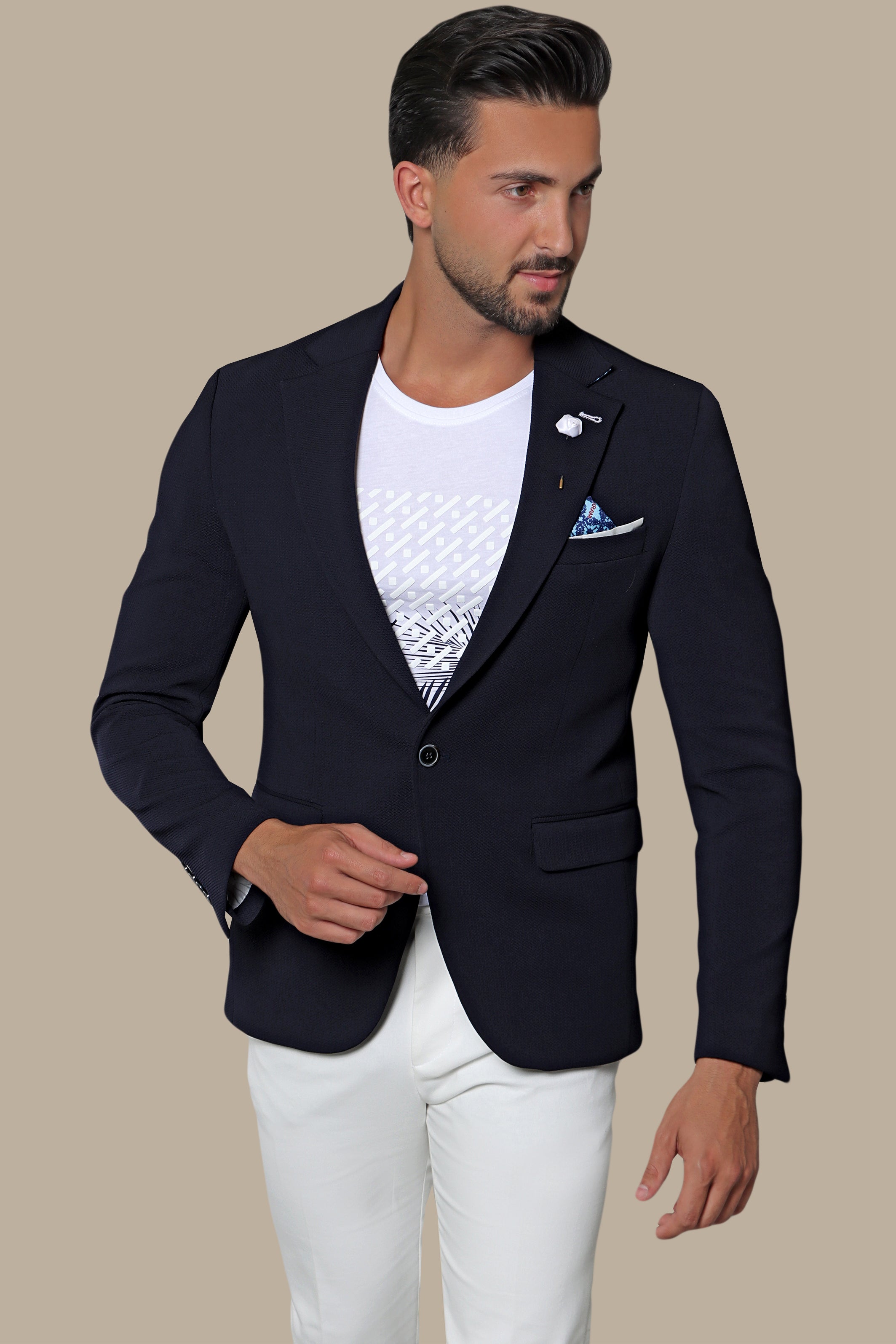 Nautical Elegance: Navy Blazer with Structured Notch Lapel