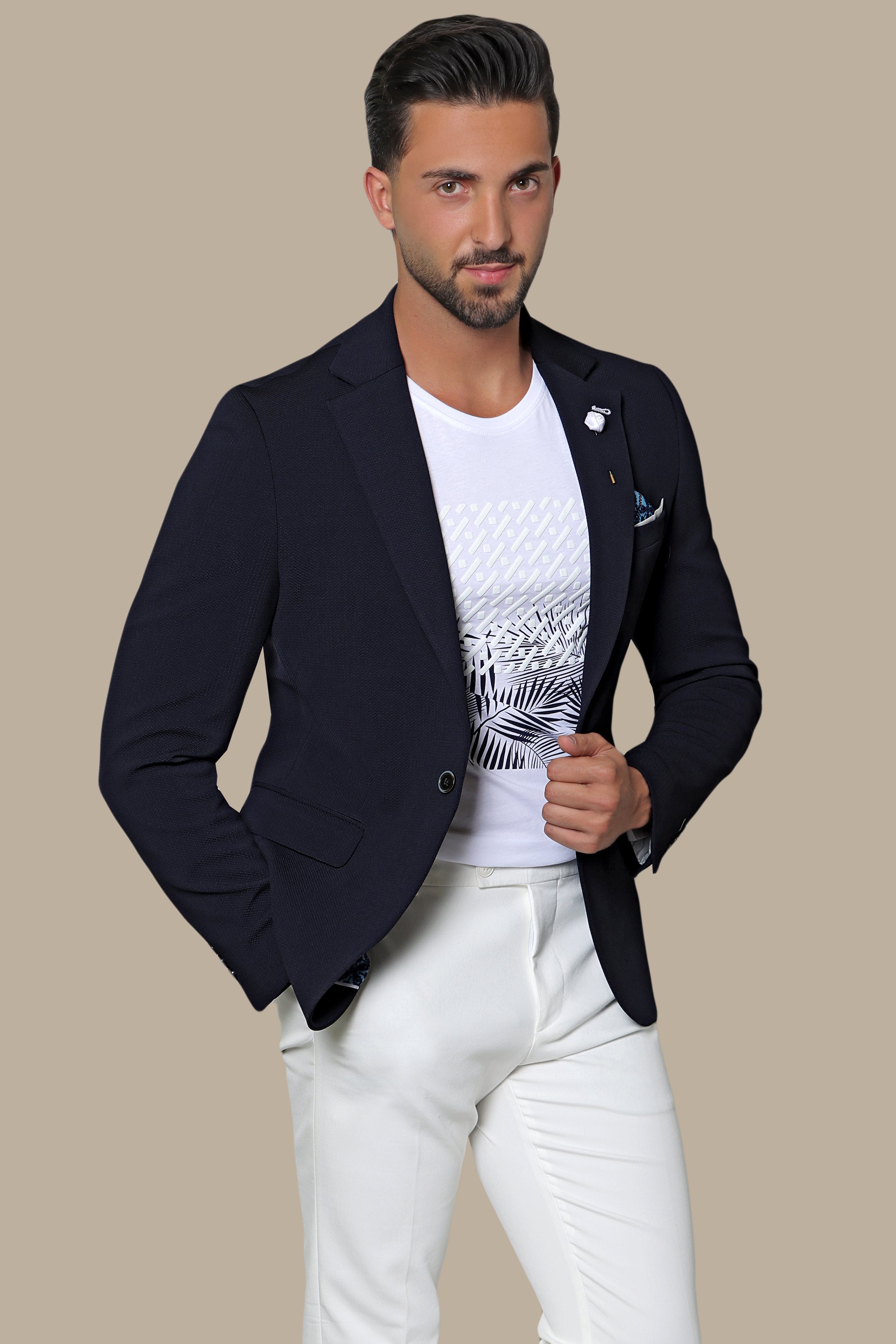 Nautical Elegance: Navy Blazer with Structured Notch Lapel