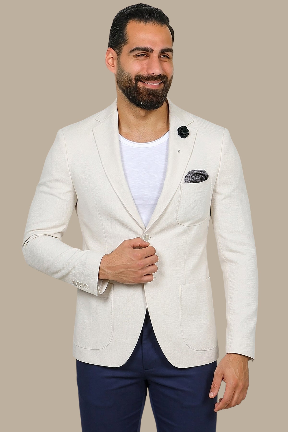 Beige Slim Fit Blazer with Up & Down Notch Patch