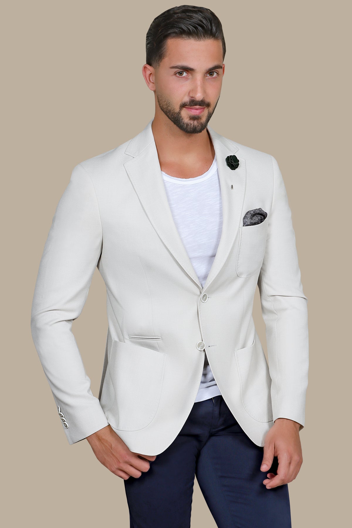 Beige Slim Fit Blazer with Up & Down Notch Patch