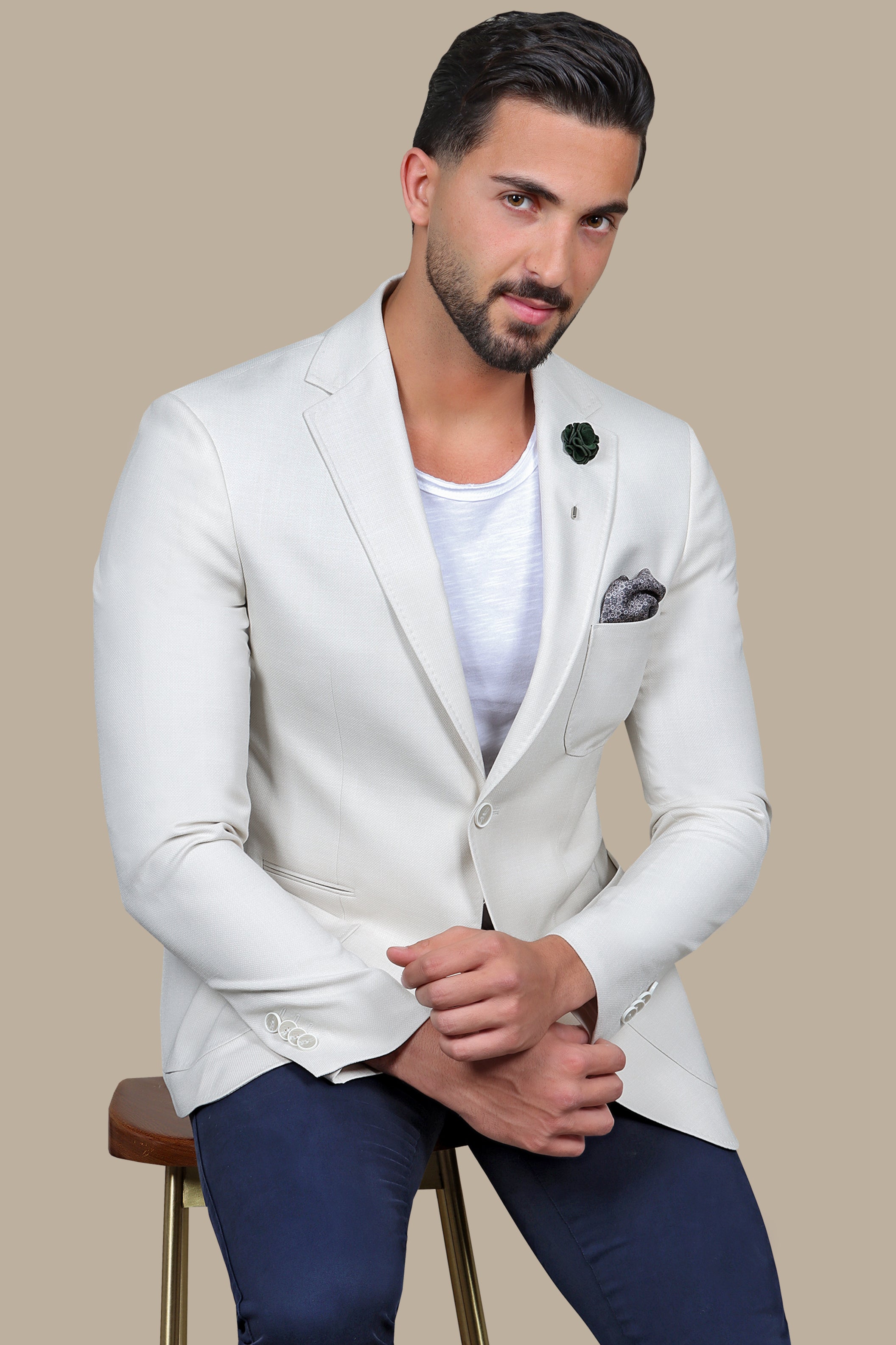 Beige Slim Fit Blazer with Up & Down Notch Patch