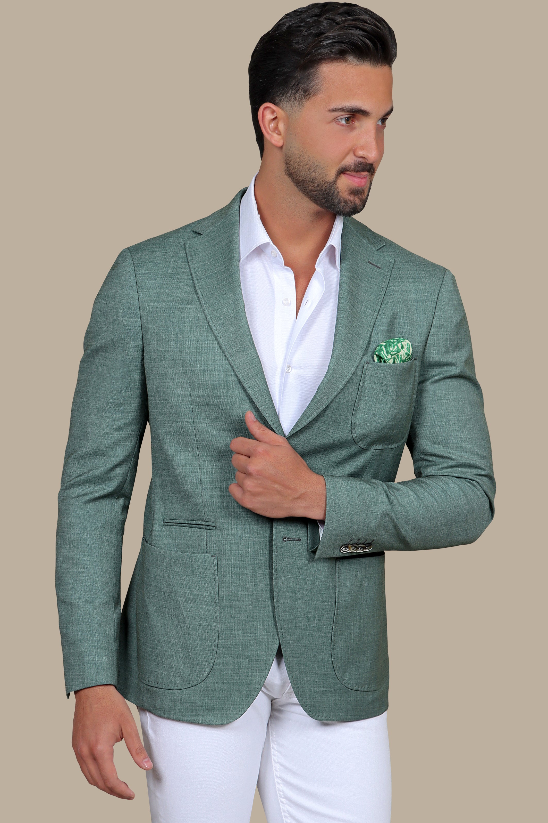 Green Slim Fit Blazer with Notch Lapel