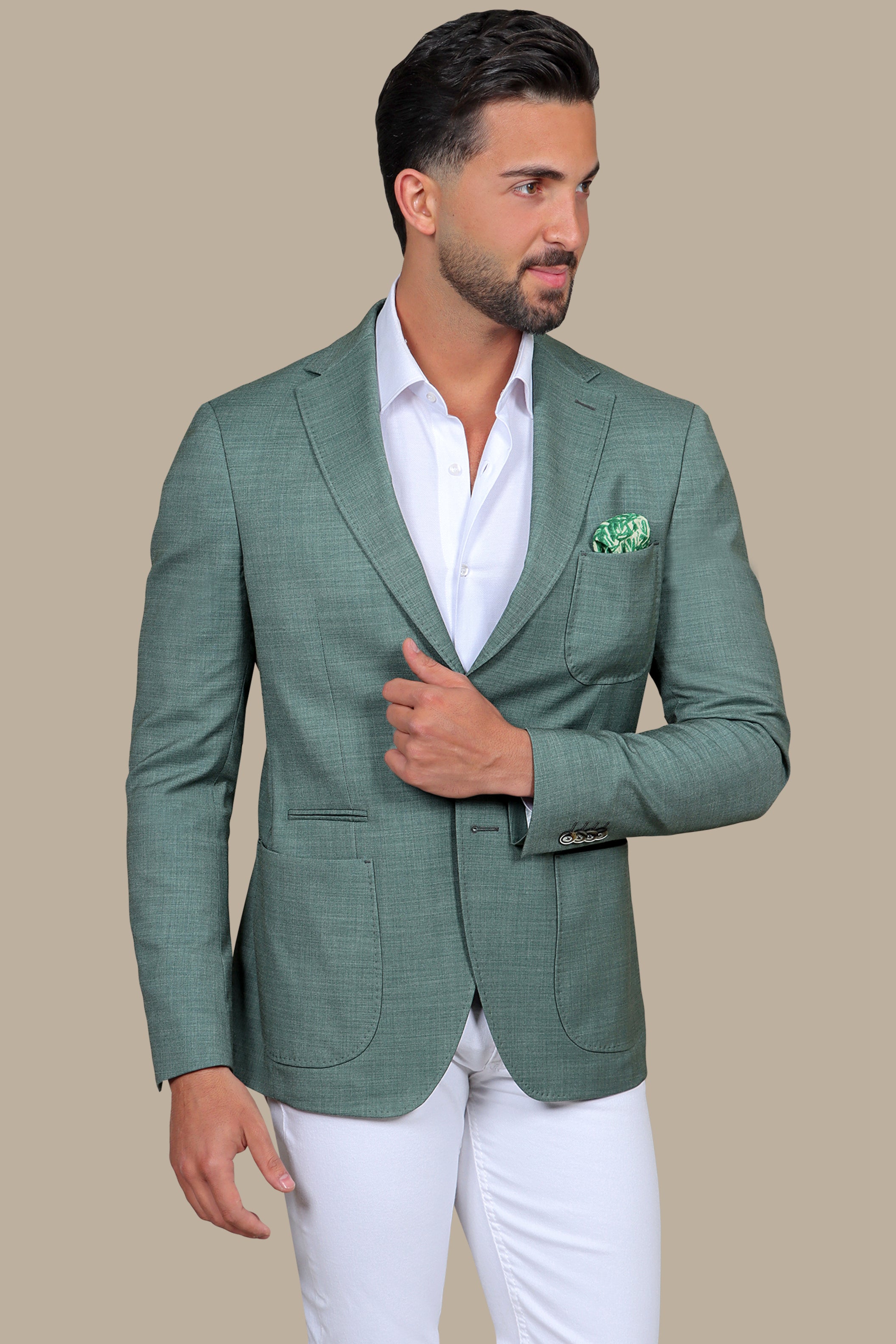 Green Slim Fit Blazer with Notch Lapel