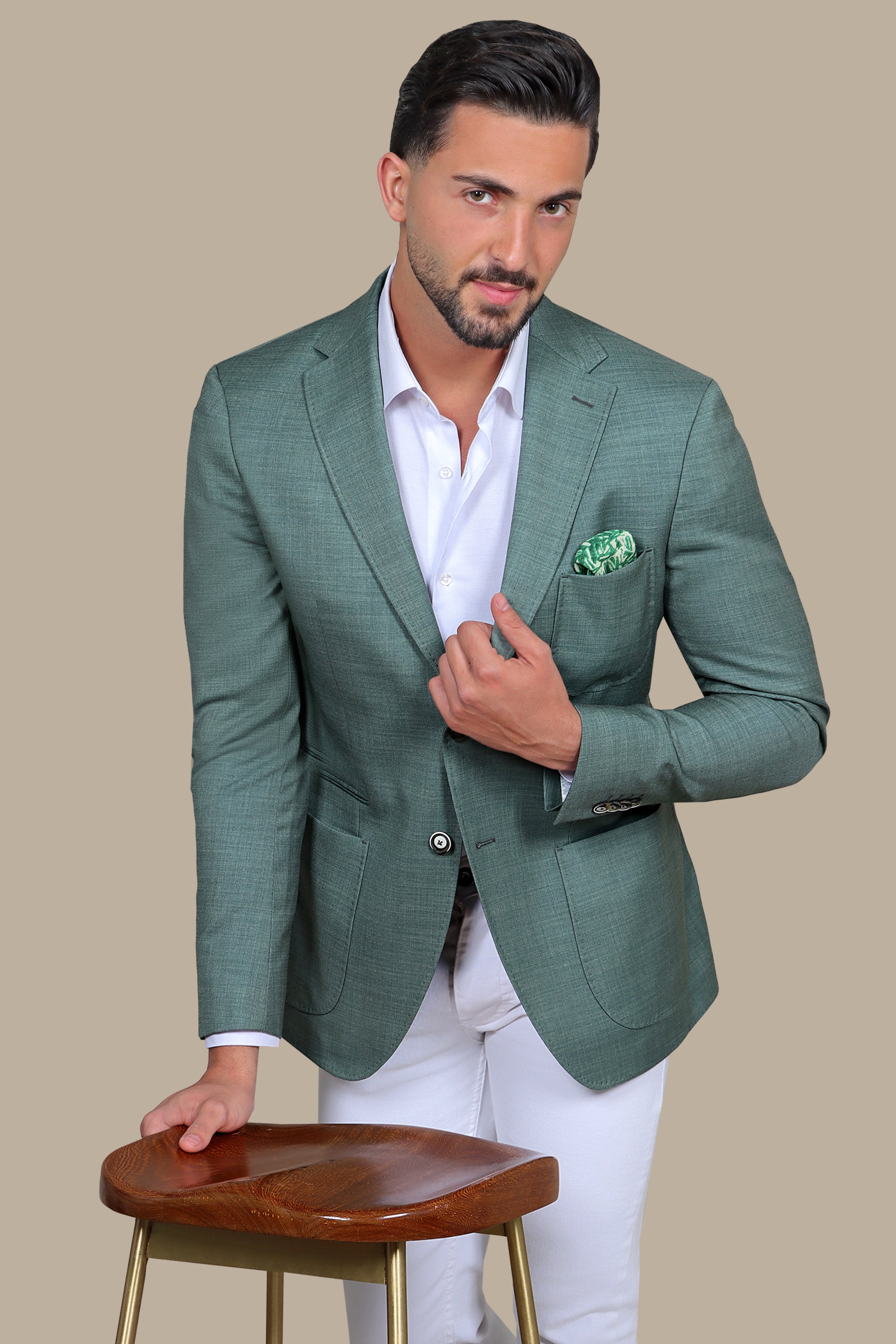 Green Slim Fit Blazer with Notch Lapel