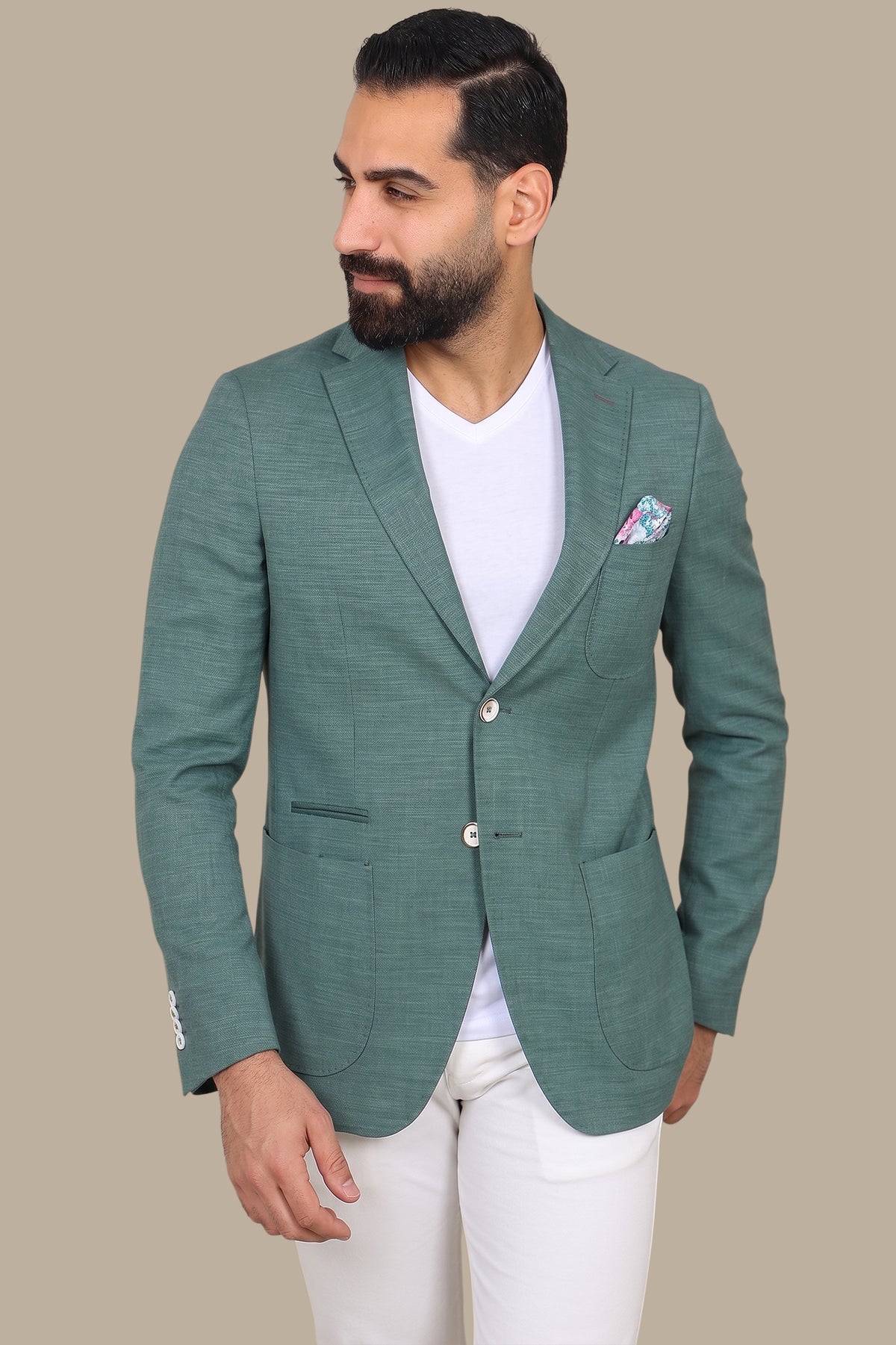 Green Slim Fit Blazer with Notch Lapel