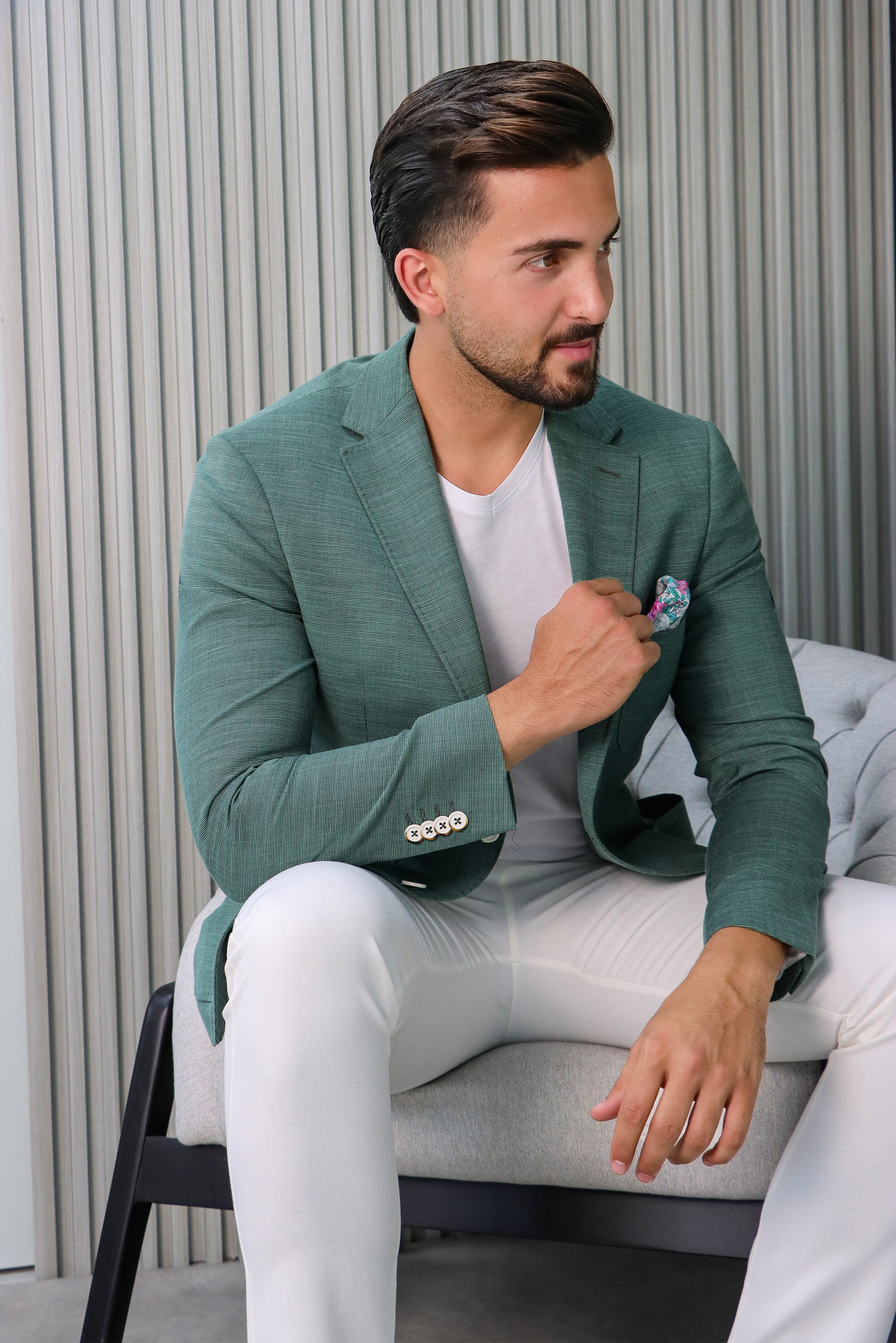 Green Slim Fit Blazer with Notch Lapel