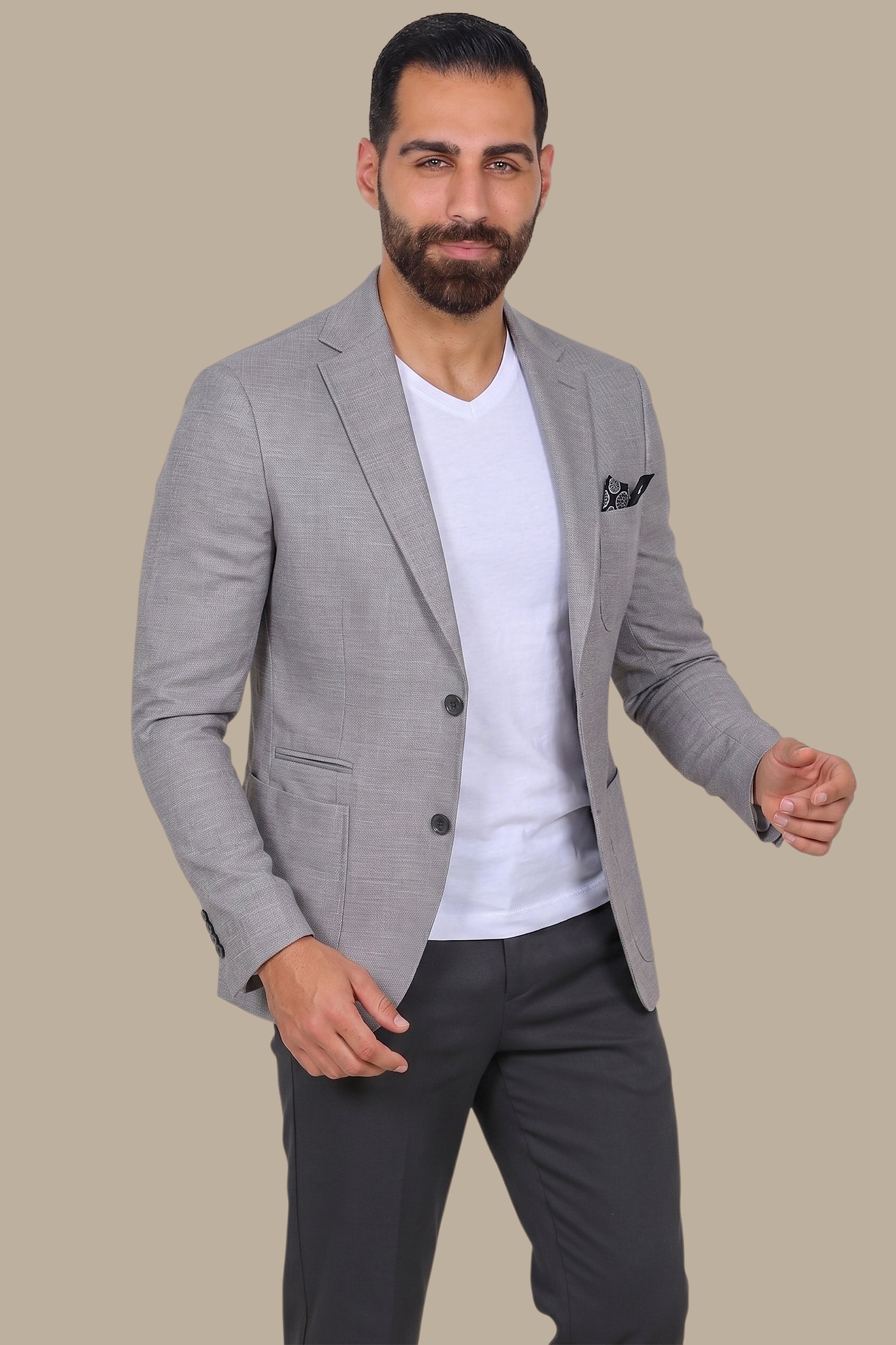 Light Grey Slim Fit Blazer with Up & Down Notch Patch