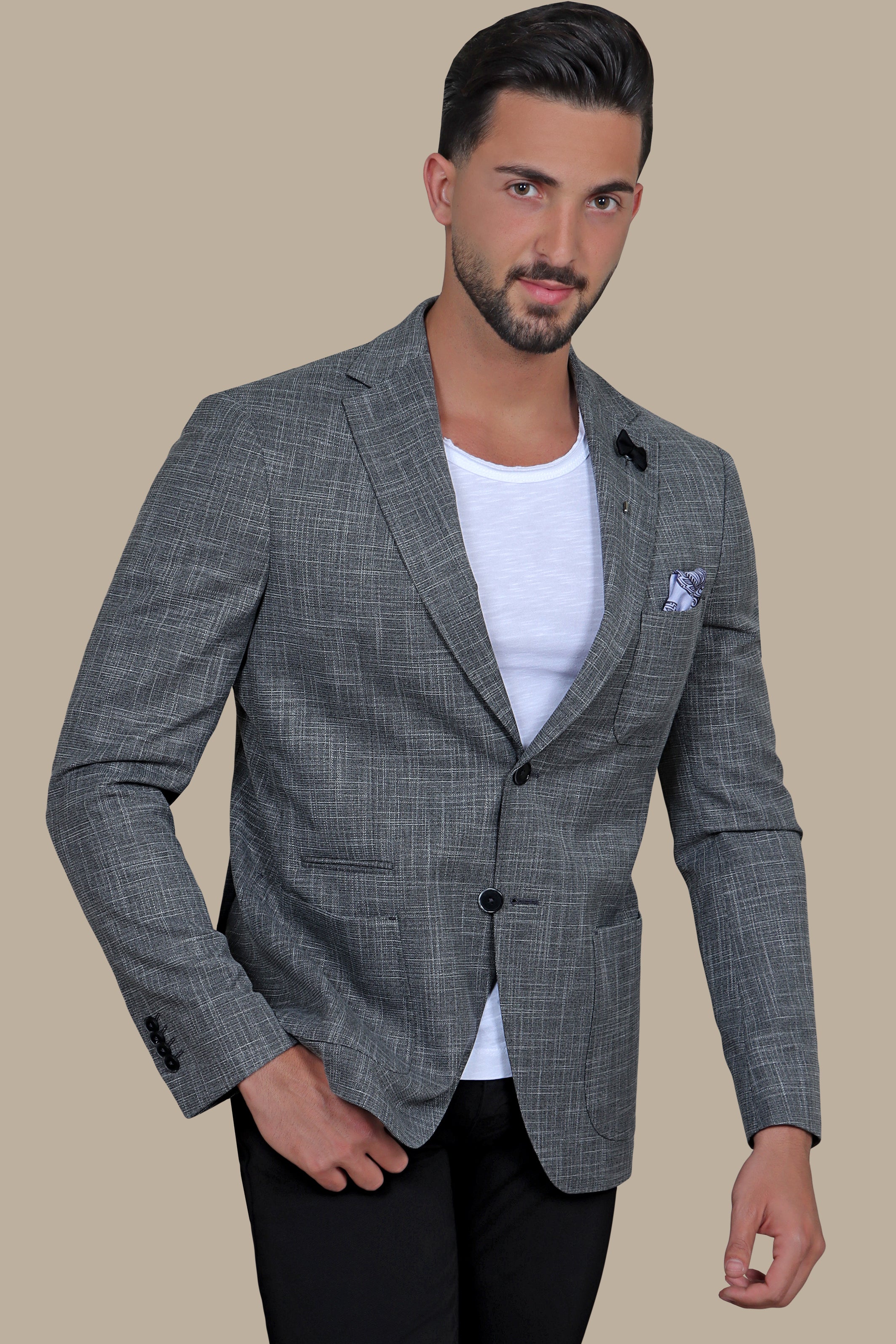 Dark Grey Slim Fit Blazer with Up & Down Notch Patch