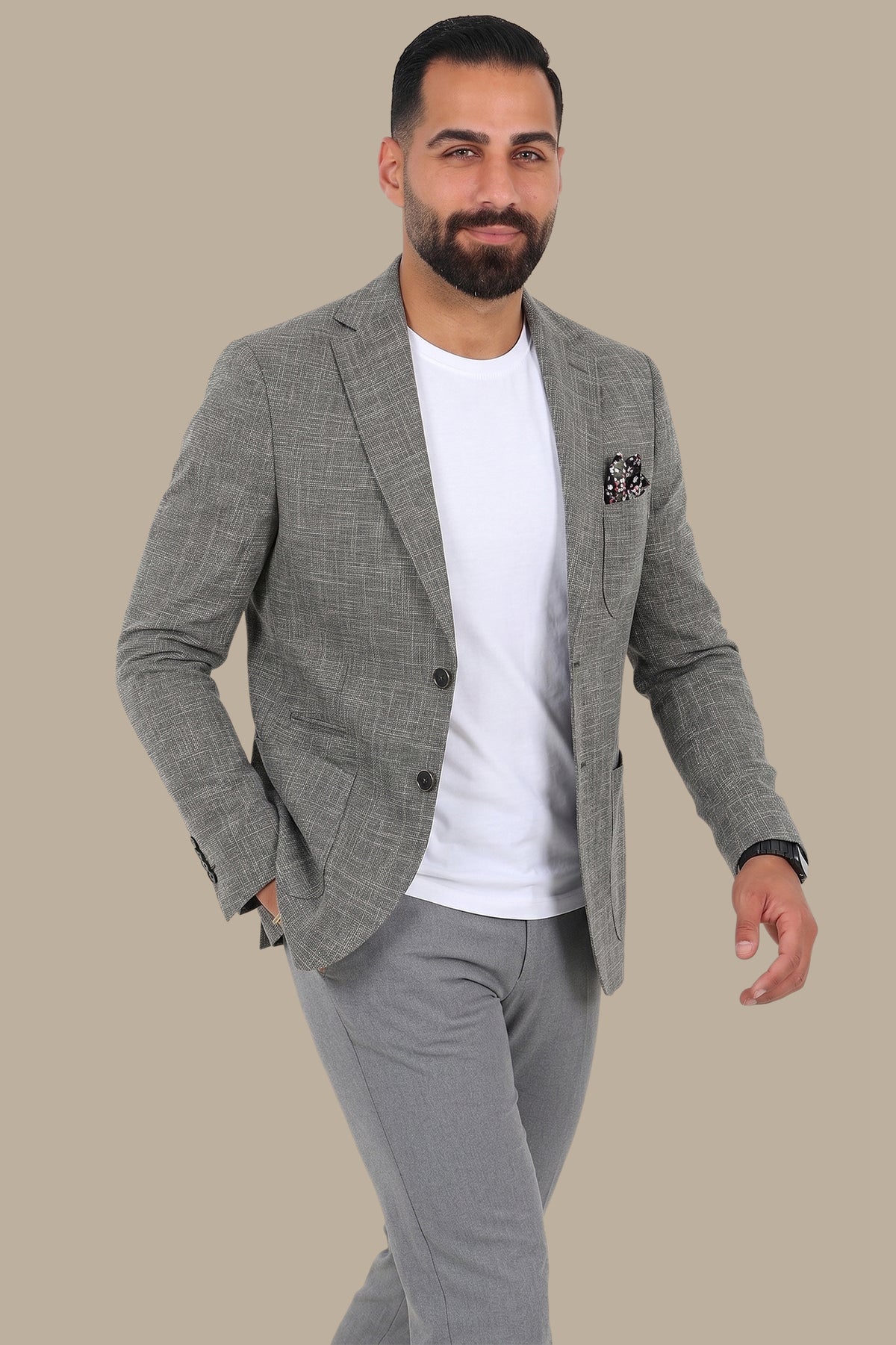 Dark Grey Slim Fit Blazer with Up & Down Notch Patch
