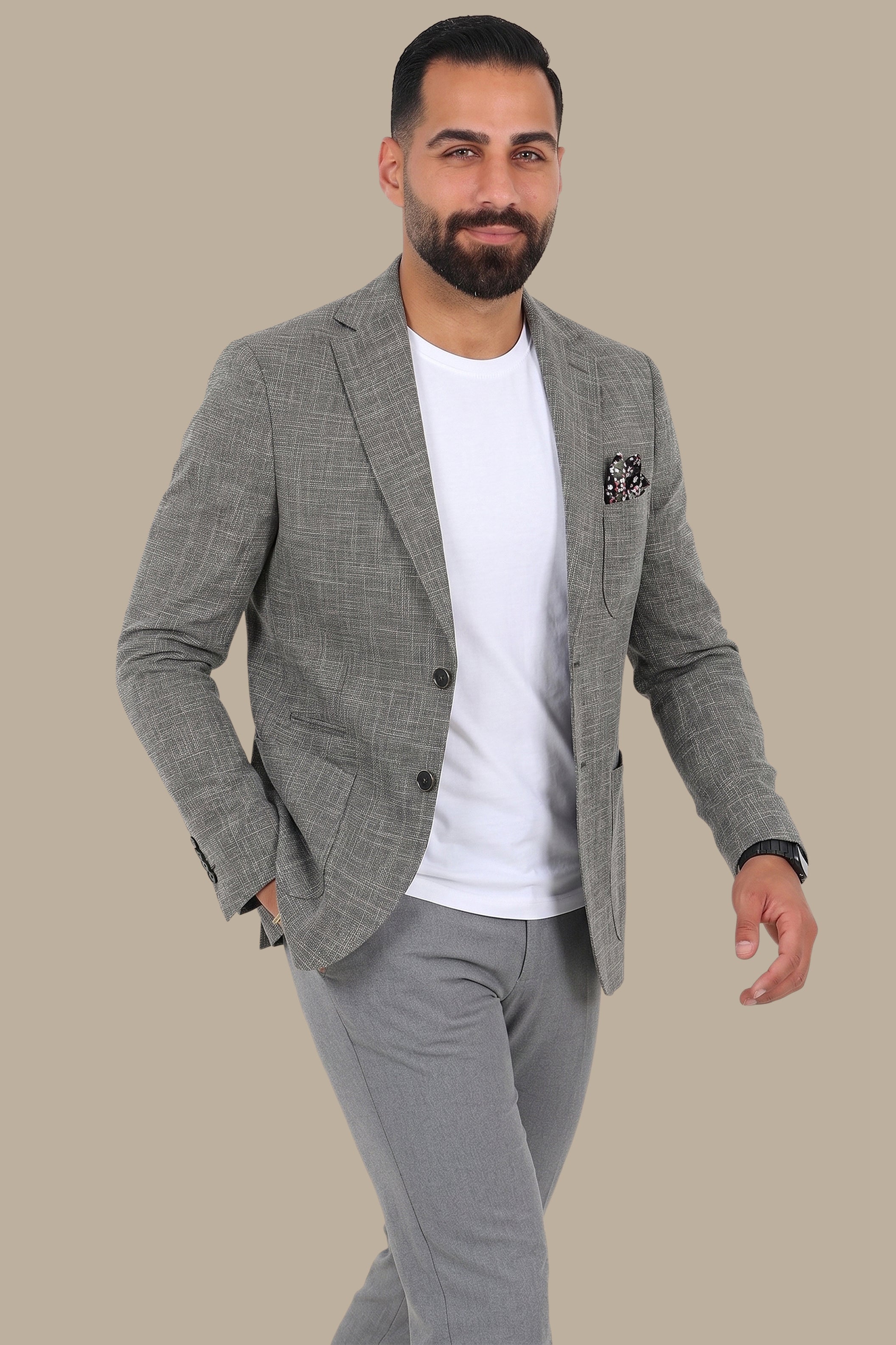Dark Grey Slim Fit Blazer with Up & Down Notch Patch