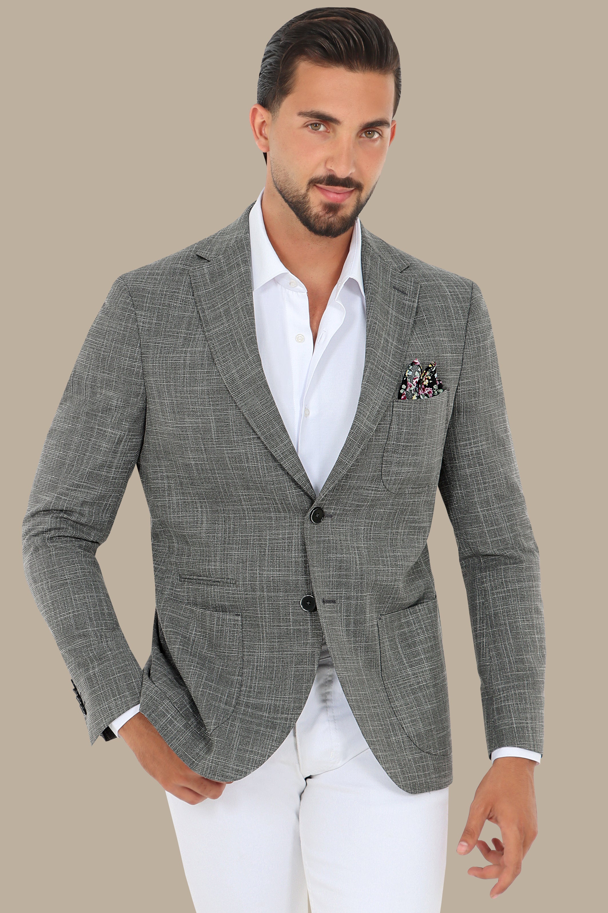 Dark Grey Slim Fit Blazer with Up & Down Notch Patch