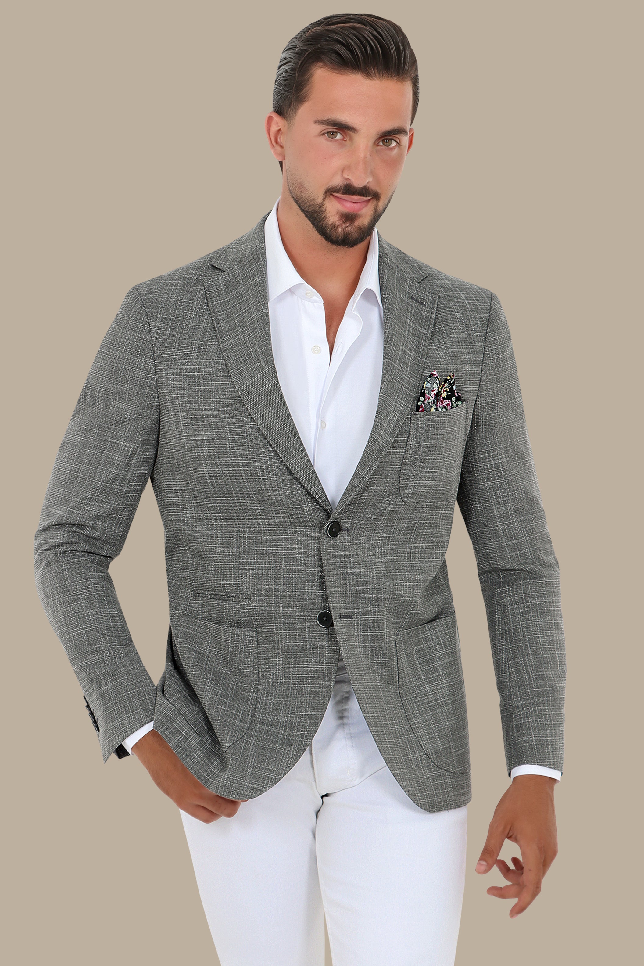 Dark Grey Slim Fit Blazer with Up & Down Notch Patch