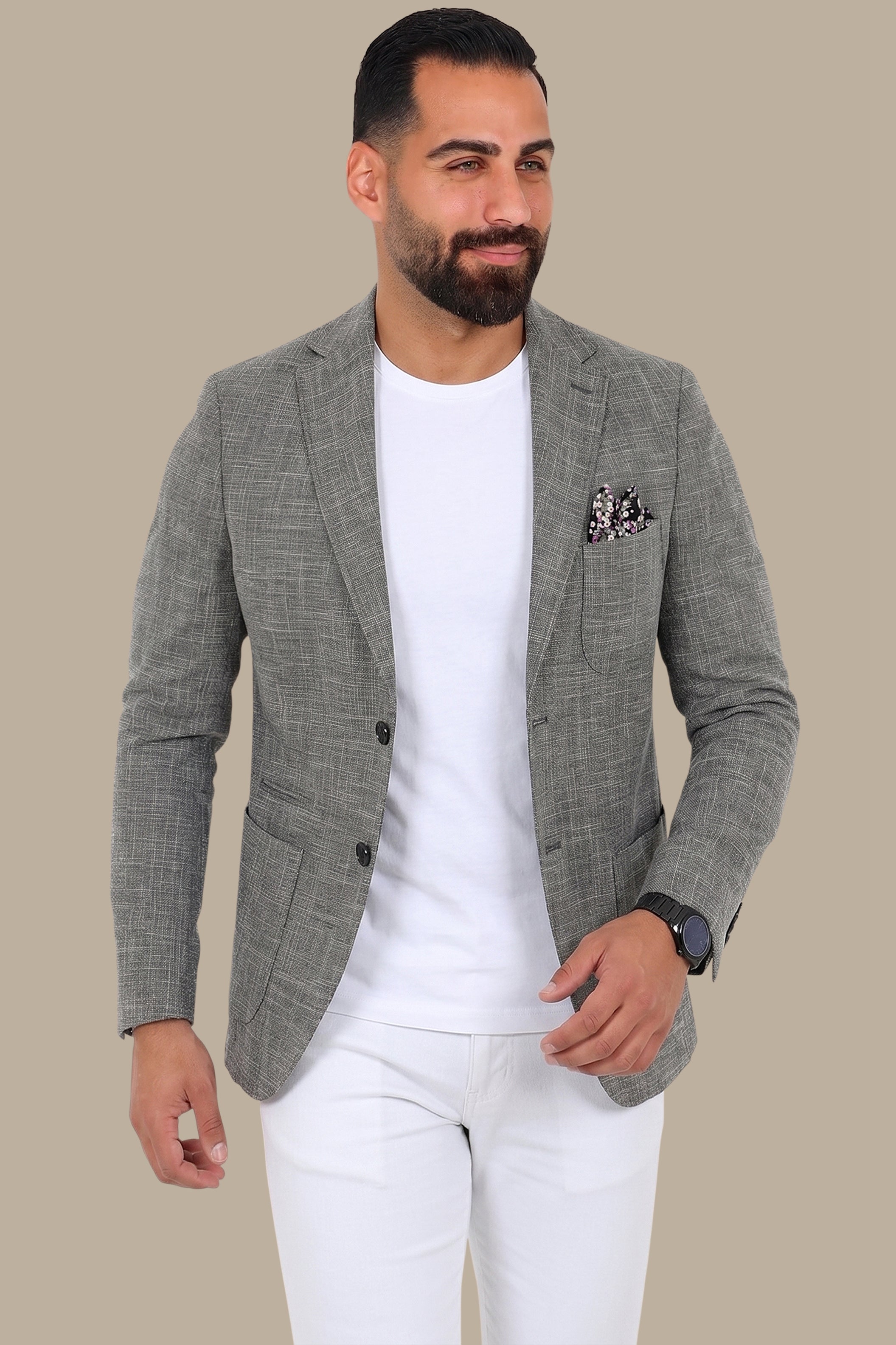 Dark Grey Slim Fit Blazer with Up & Down Notch Patch