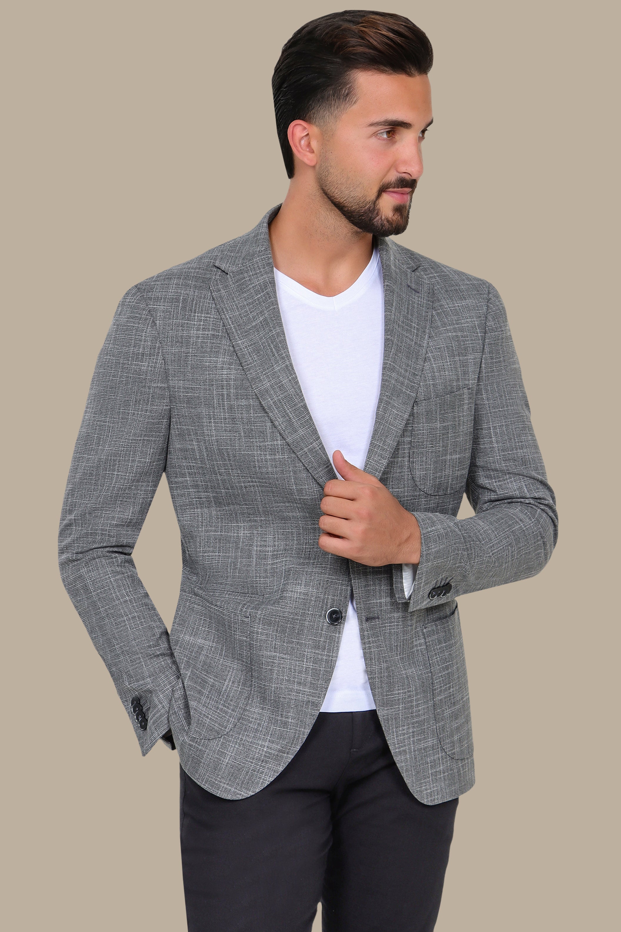 Dark Grey Slim Fit Blazer with Up & Down Notch Patch