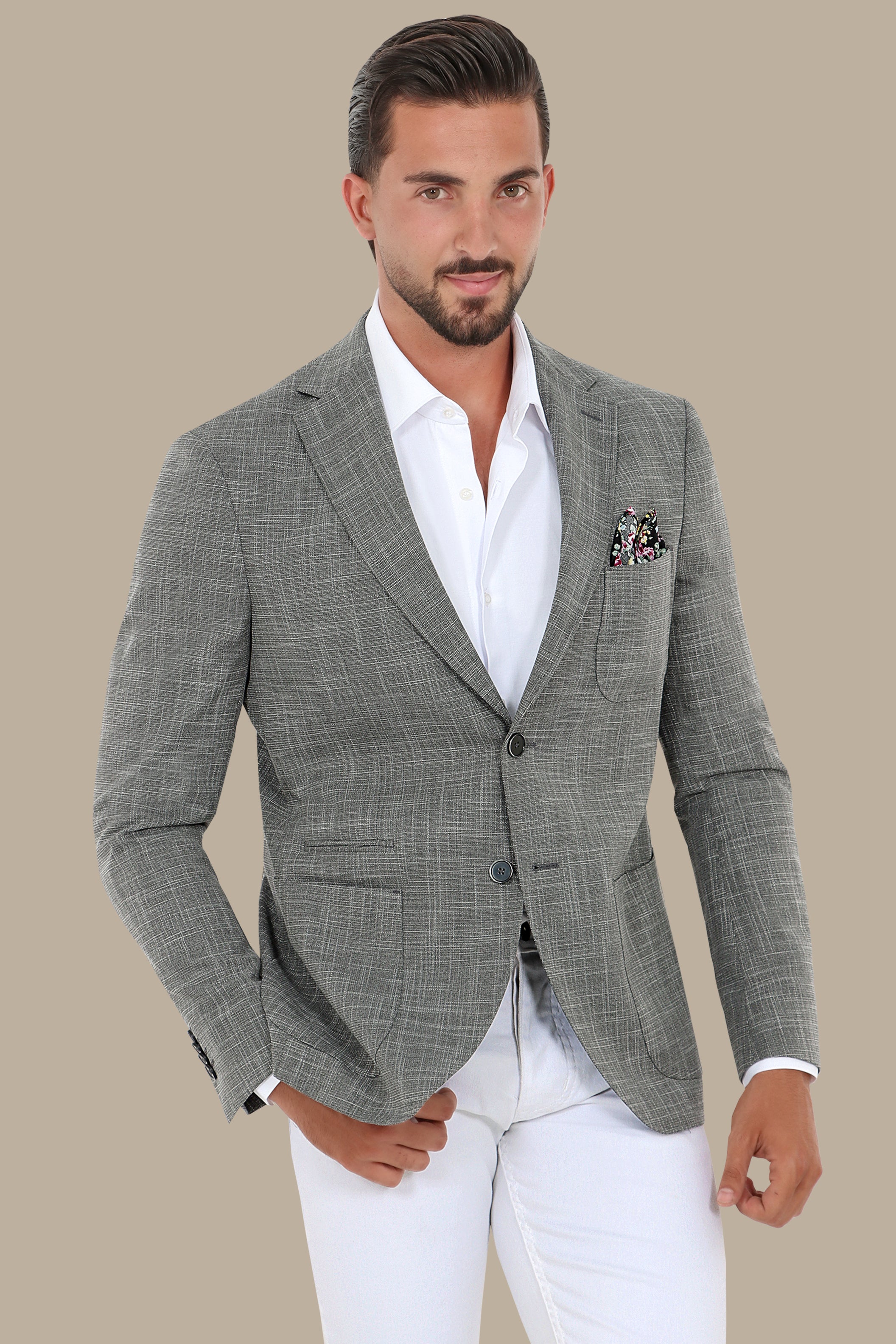 Dark Grey Slim Fit Blazer with Up & Down Notch Patch
