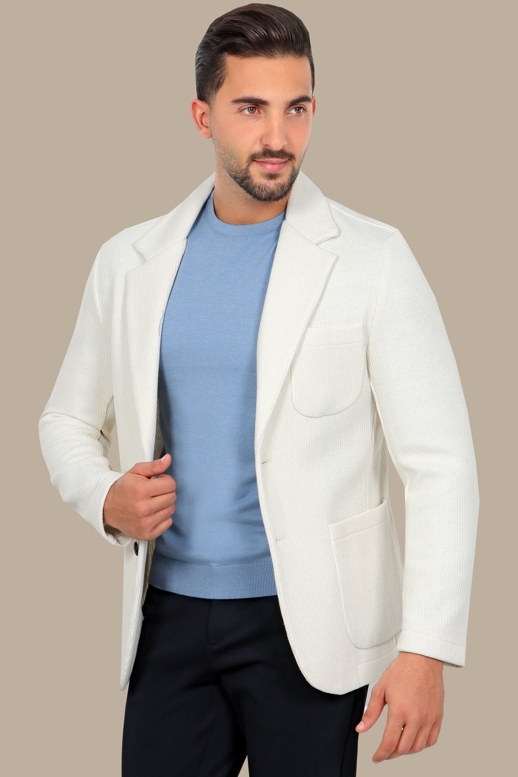 White Cotton Mercerized Blazer with Notch Lapel