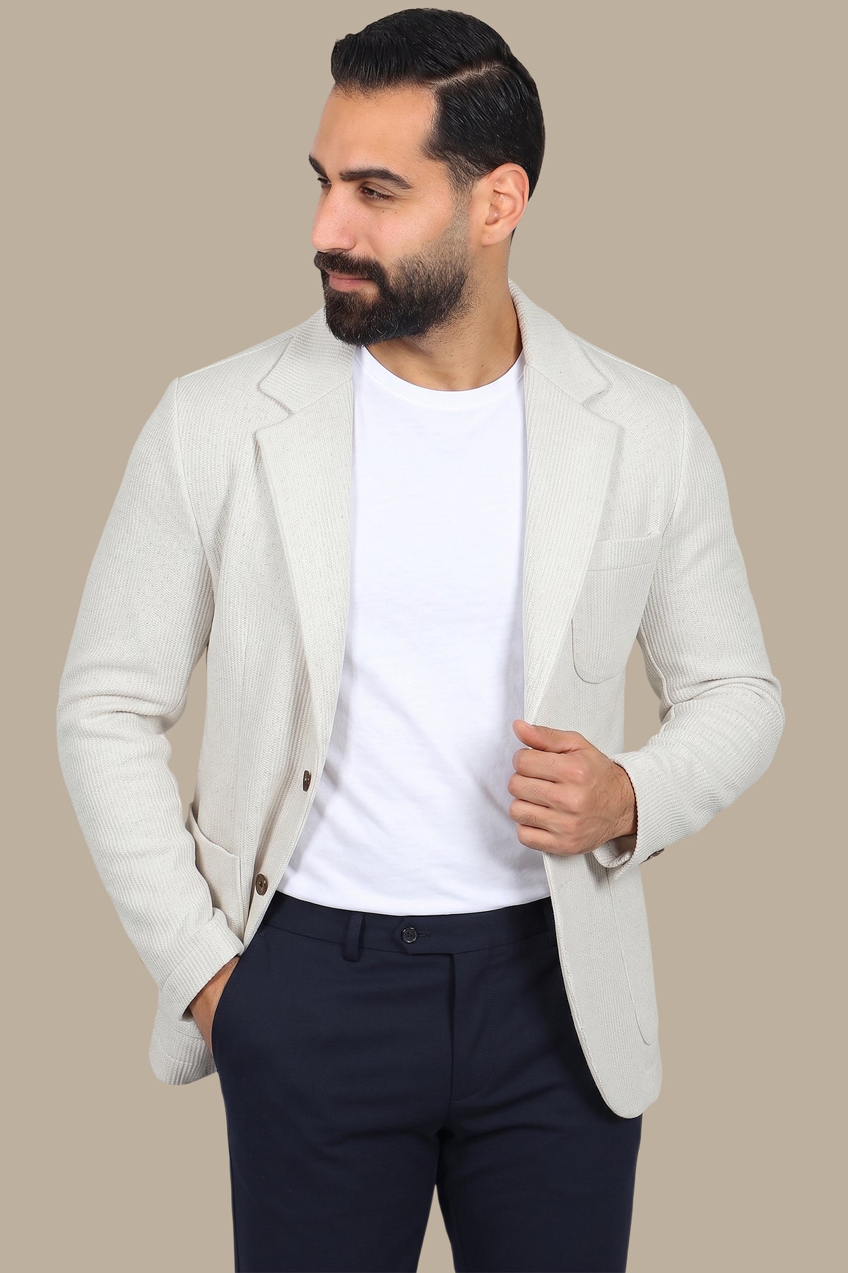 White Cotton Mercerized Blazer with Notch Lapel