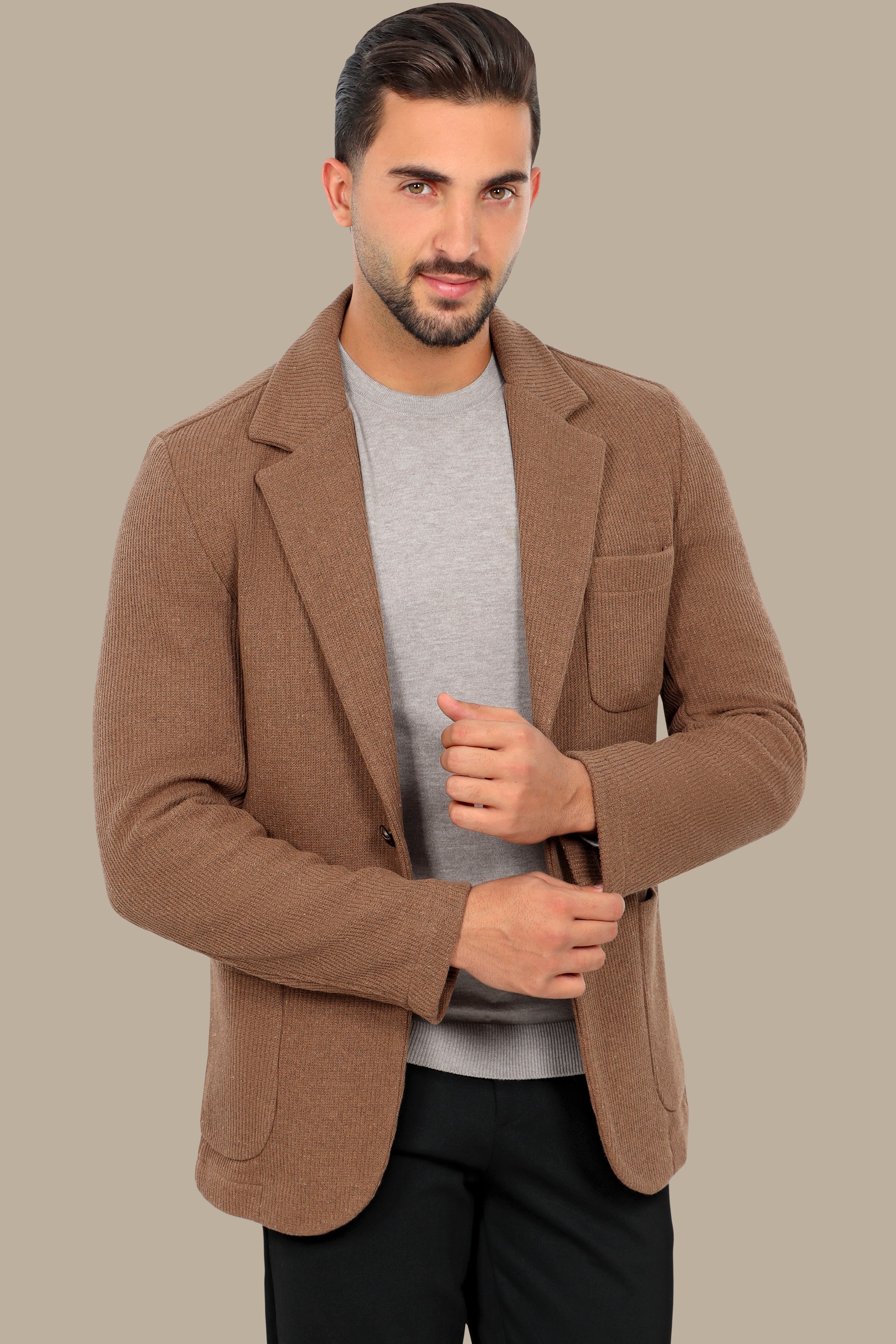 Brown Cotton Mercerized Blazer with Notch Lapel