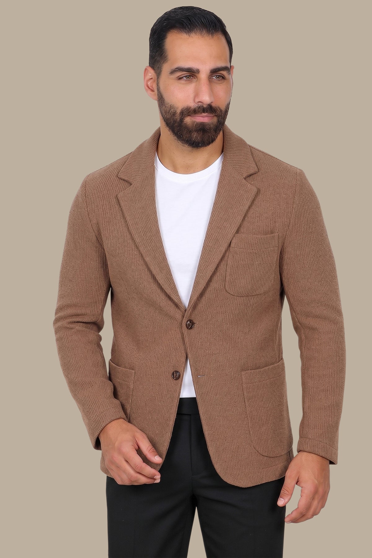 Brown Cotton Mercerized Blazer with Notch Lapel