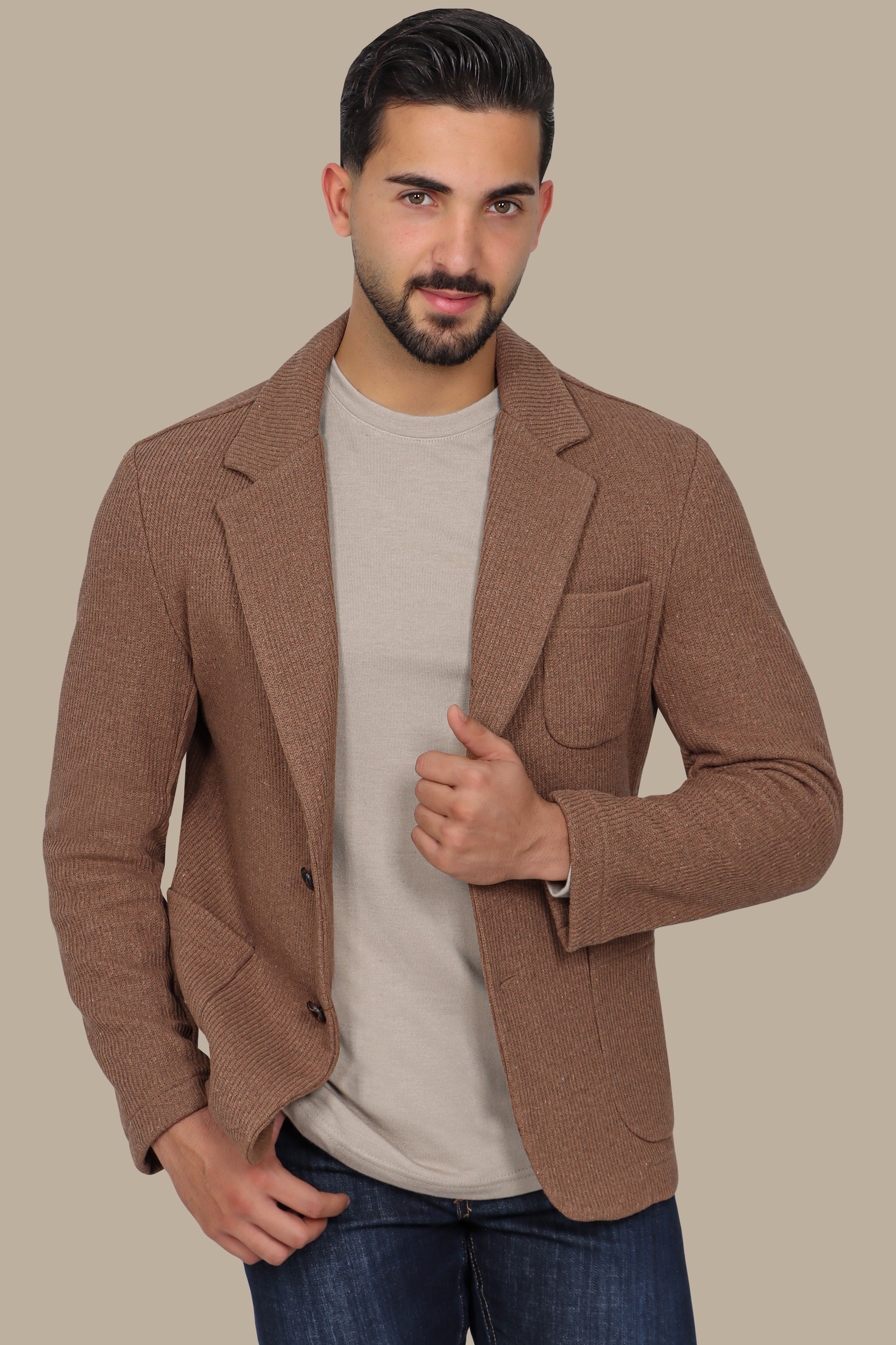 Brown Cotton Mercerized Blazer with Notch Lapel