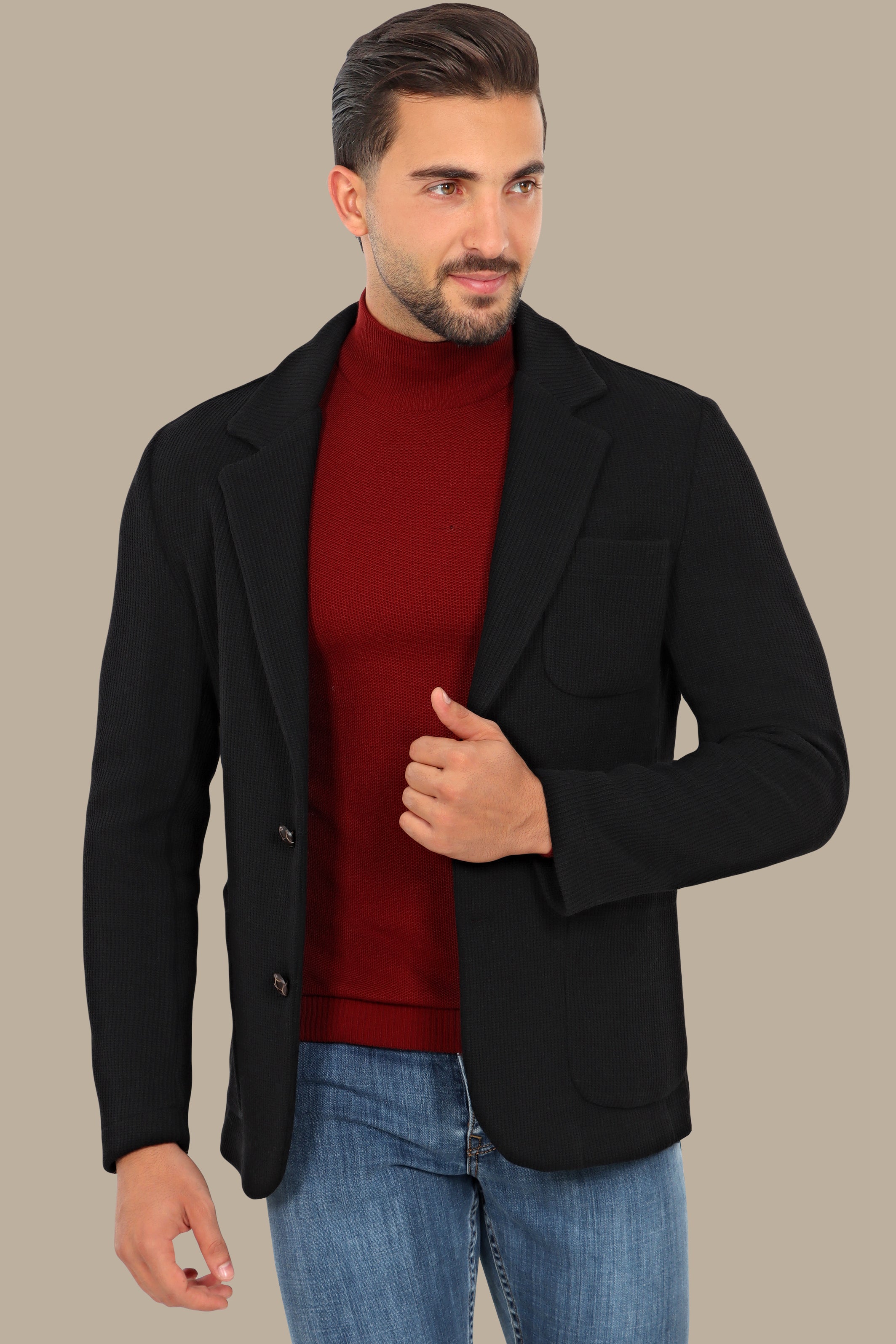 Black Cotton Mercerized Blazer with Notch Lapel