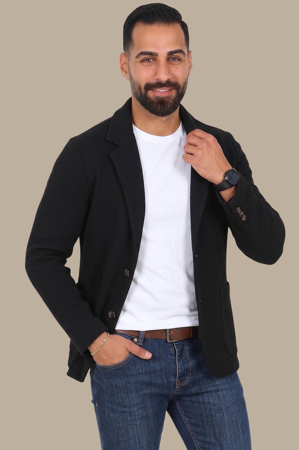 Black Cotton Mercerized Blazer with Notch Lapel
