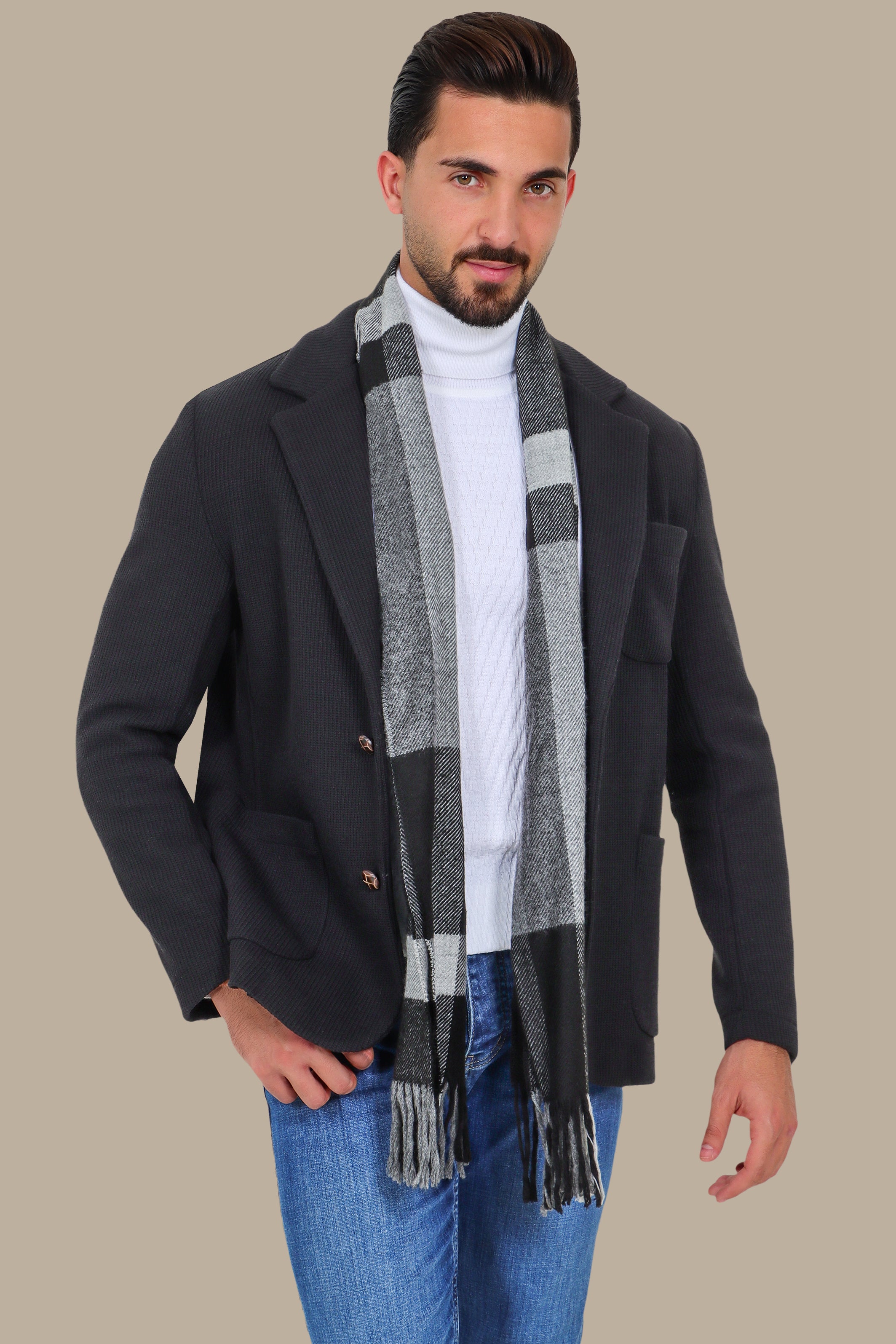 Black Cotton Mercerized Blazer with Notch Lapel