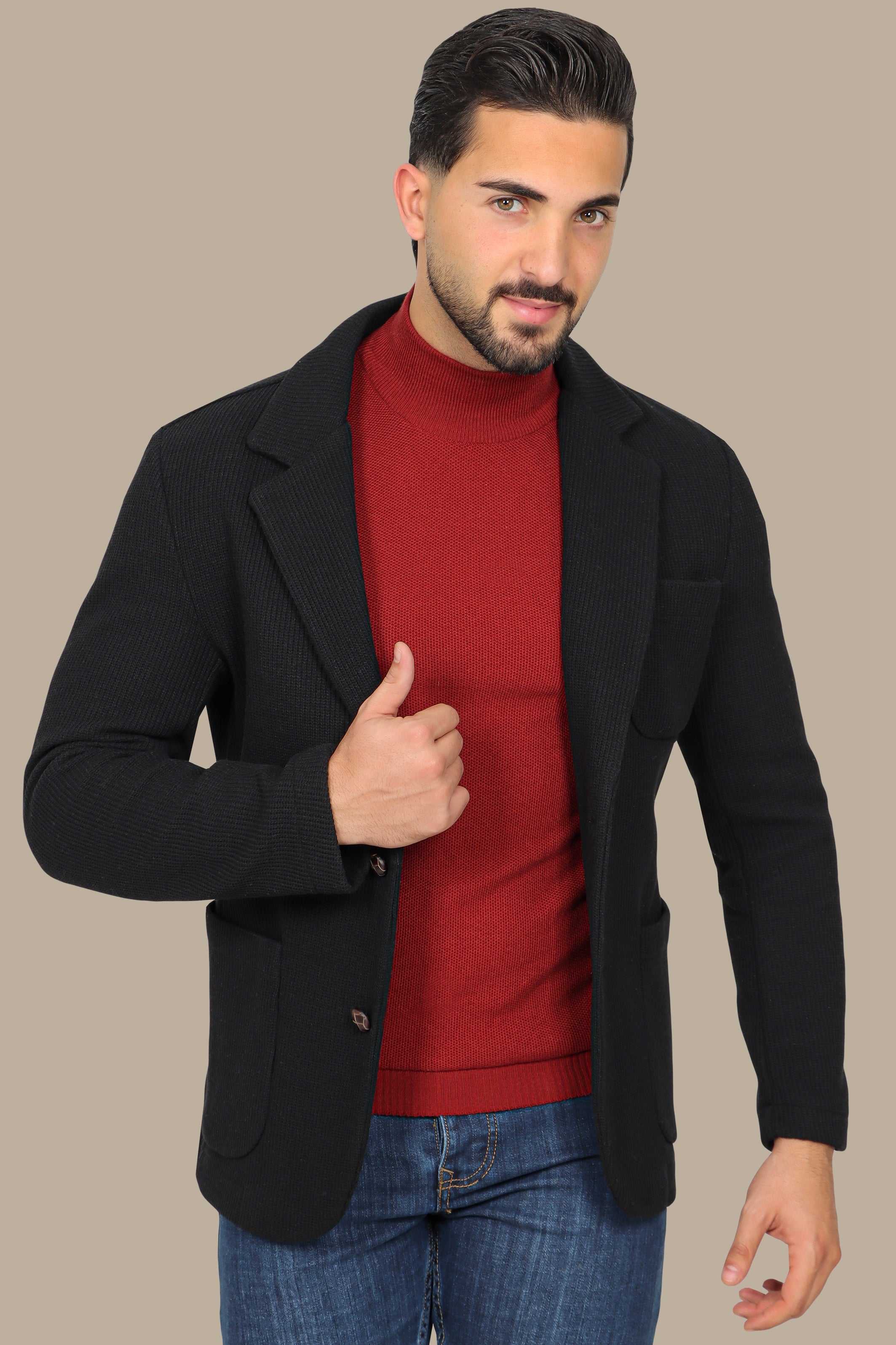 Black Cotton Mercerized Blazer with Notch Lapel