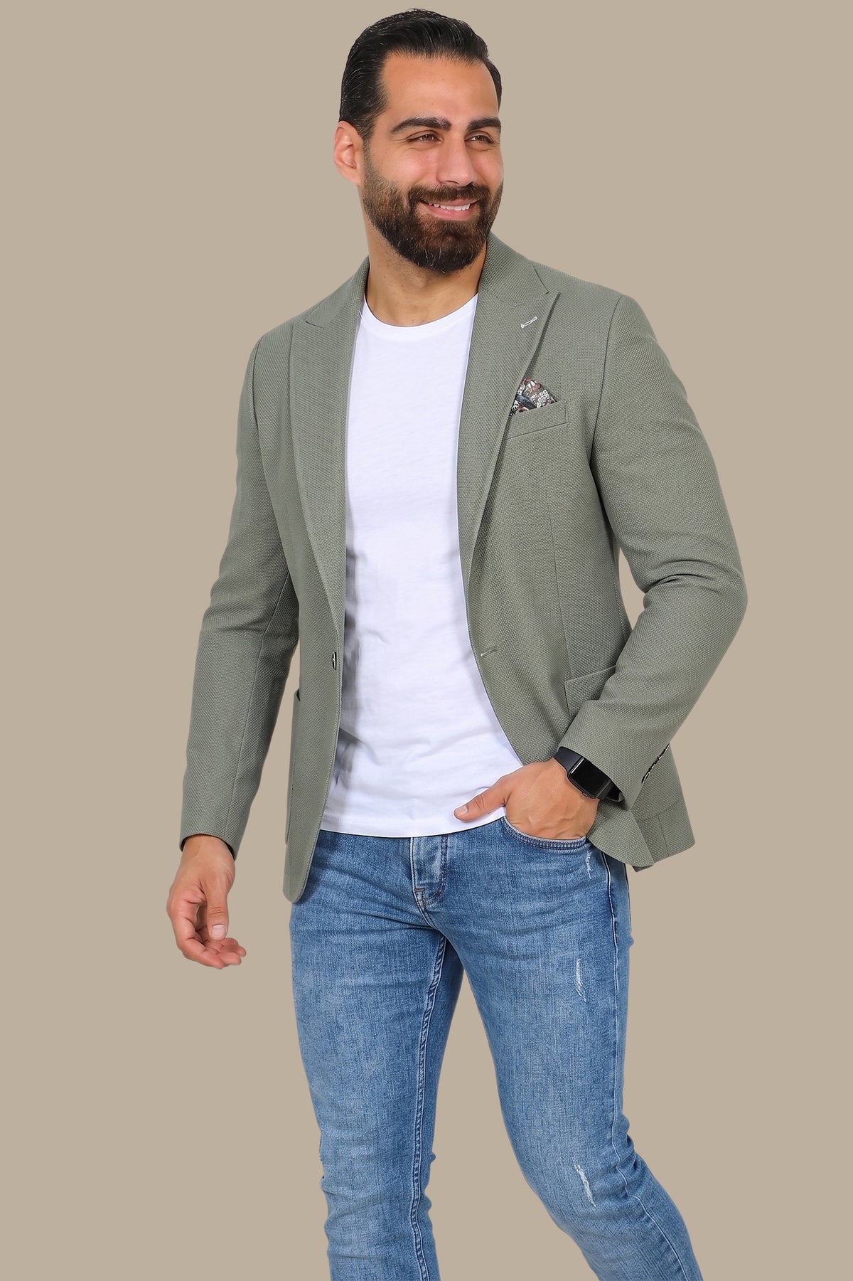 Olive Piquet Blazer with Peak Lapel