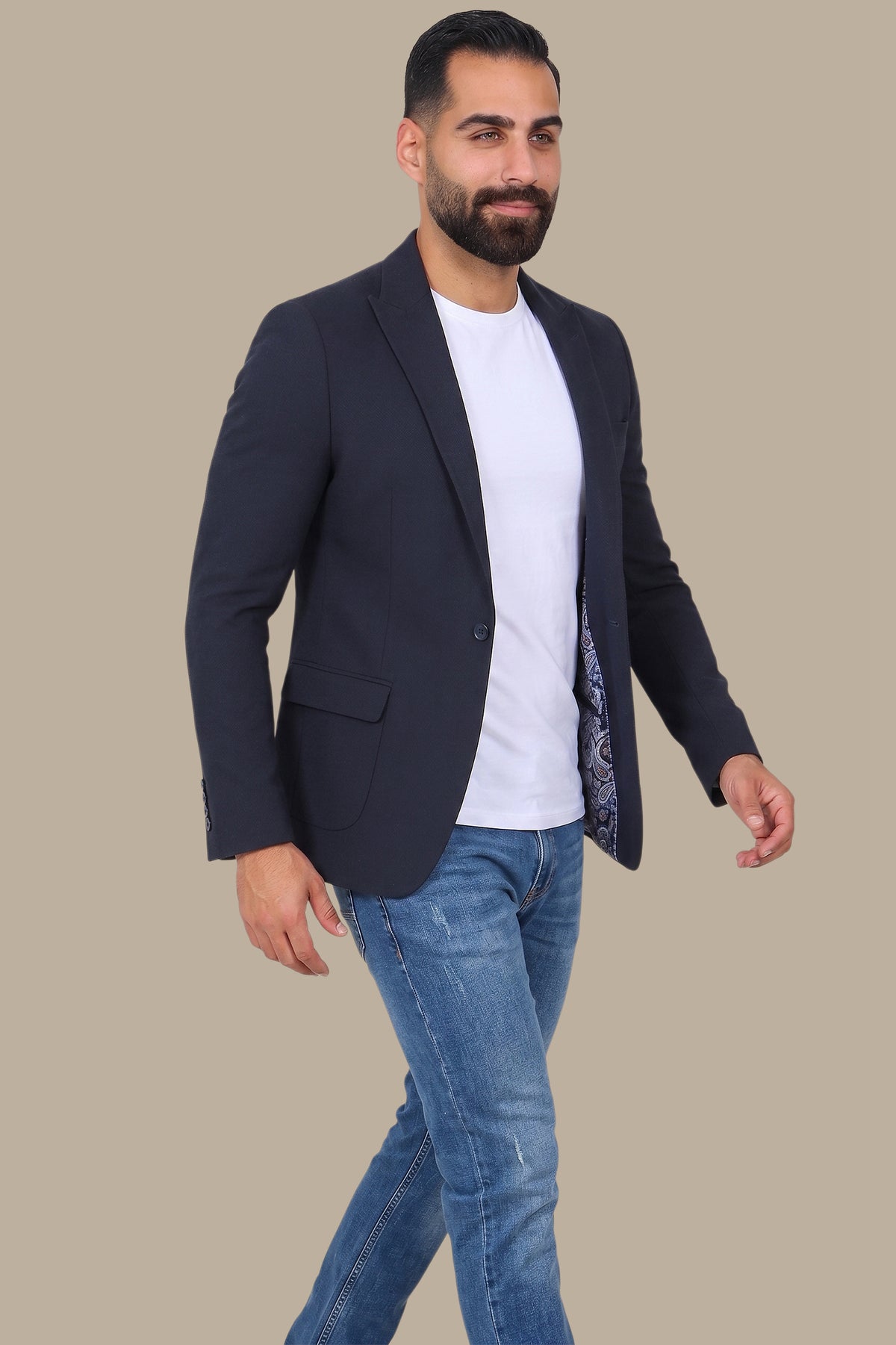 Navy Blazer Piquet with Peak Lapel
