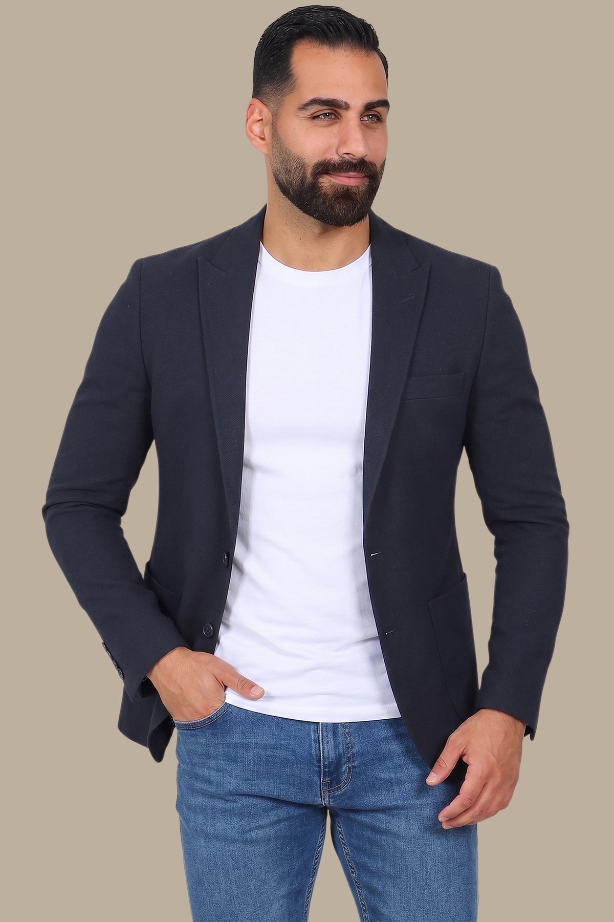 Navy Blazer Piquet with Peak Lapel