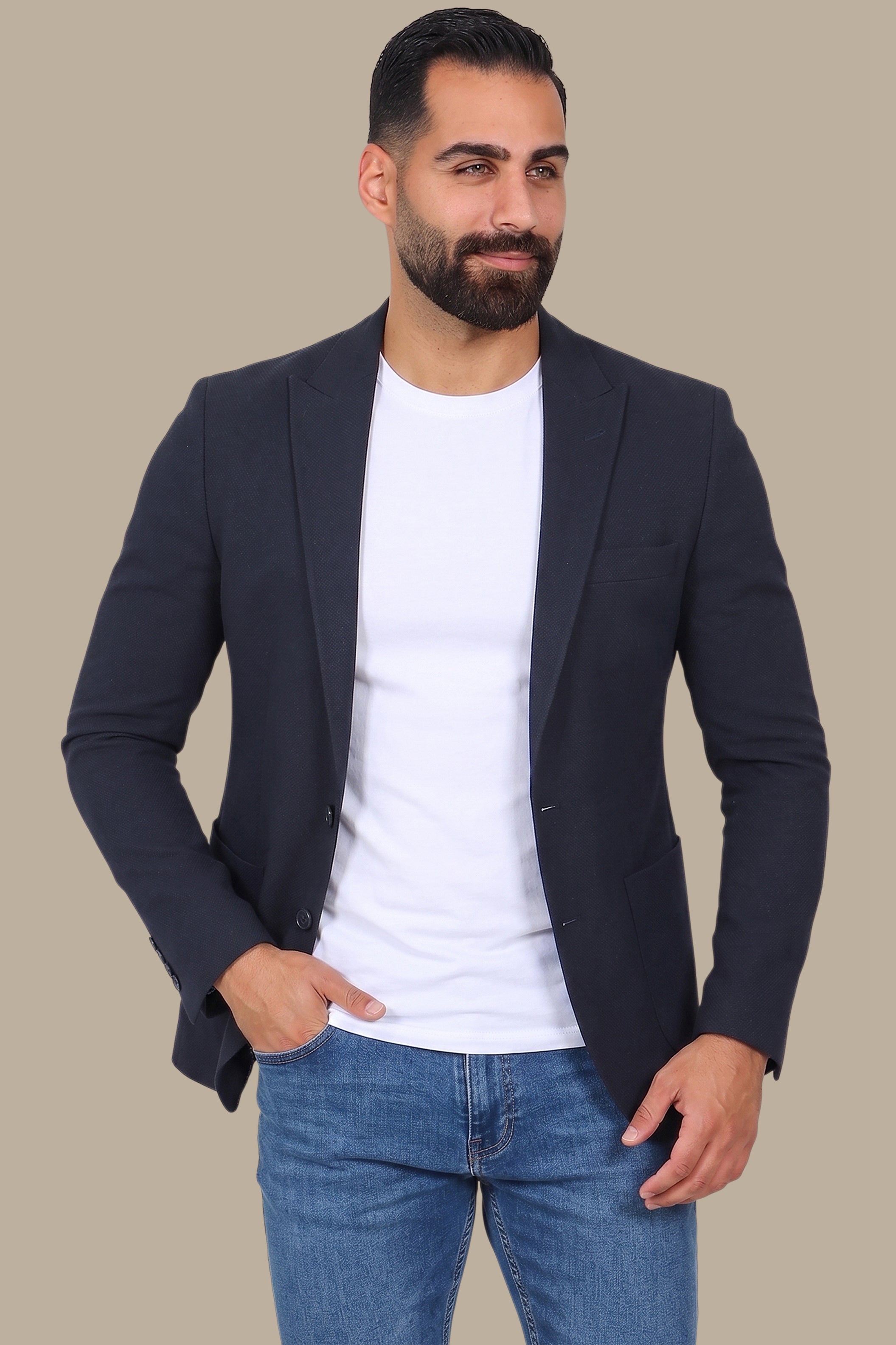 Navy Blazer Piquet with Peak Lapel
