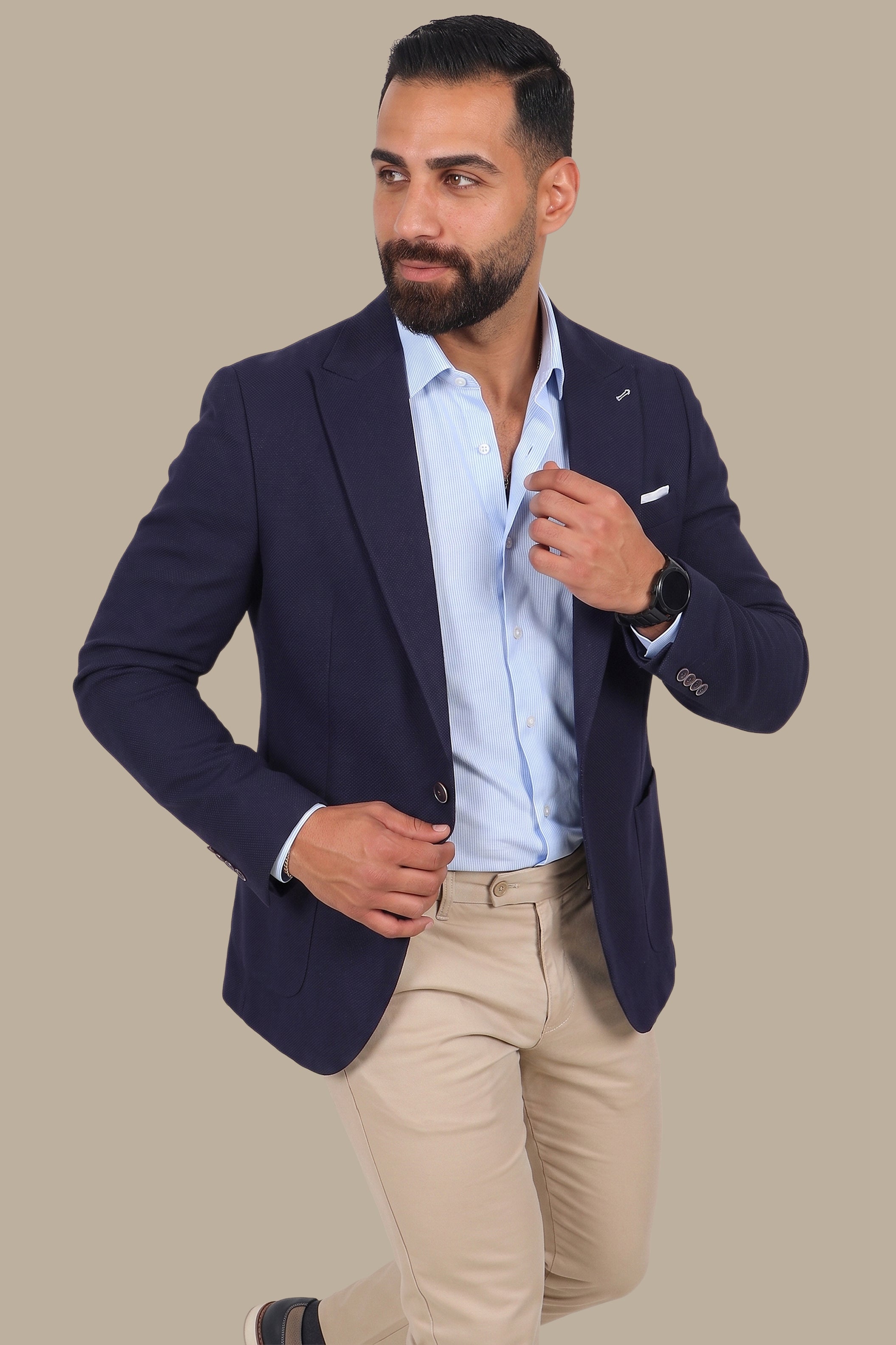 Dark Navy Piquet Blazer with Peak Lapel