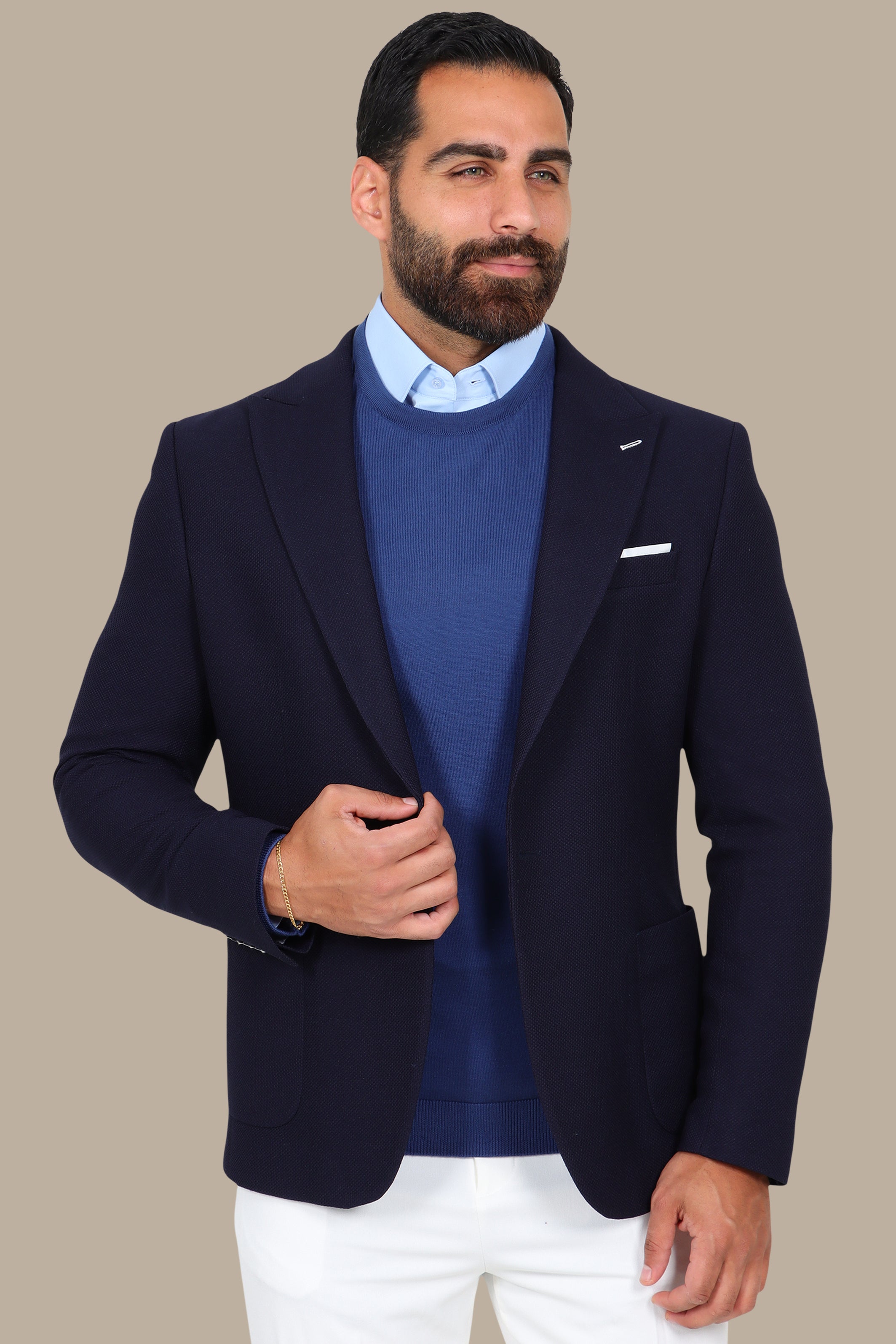Dark Navy Piquet Blazer with Peak Lapel
